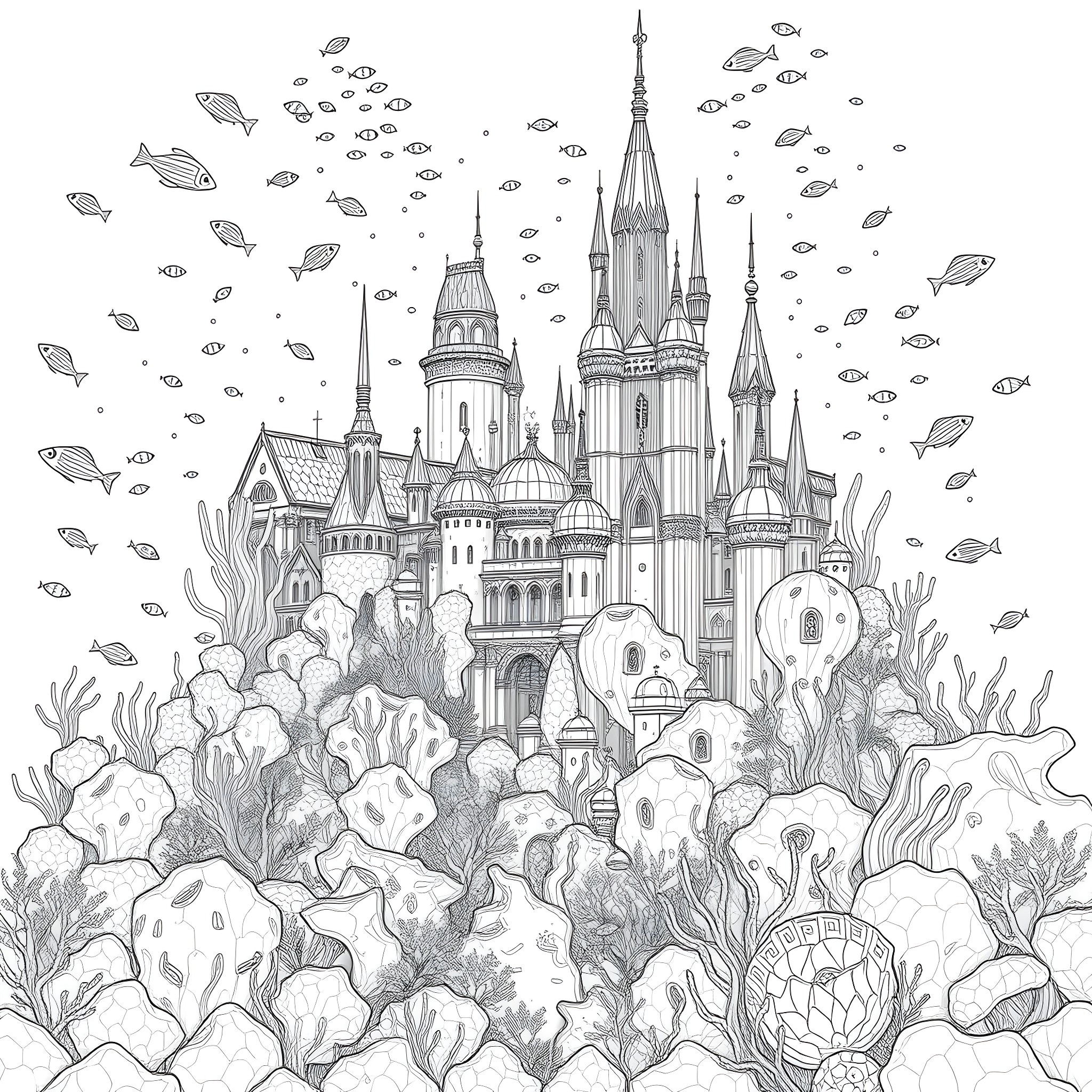 Underwater City with Ornate Architecture and Marine Life Coloring Page (free black-and-white line drawing printable PDF for all, from beginners to advanced learners, including children, teens, adults, and seniors)