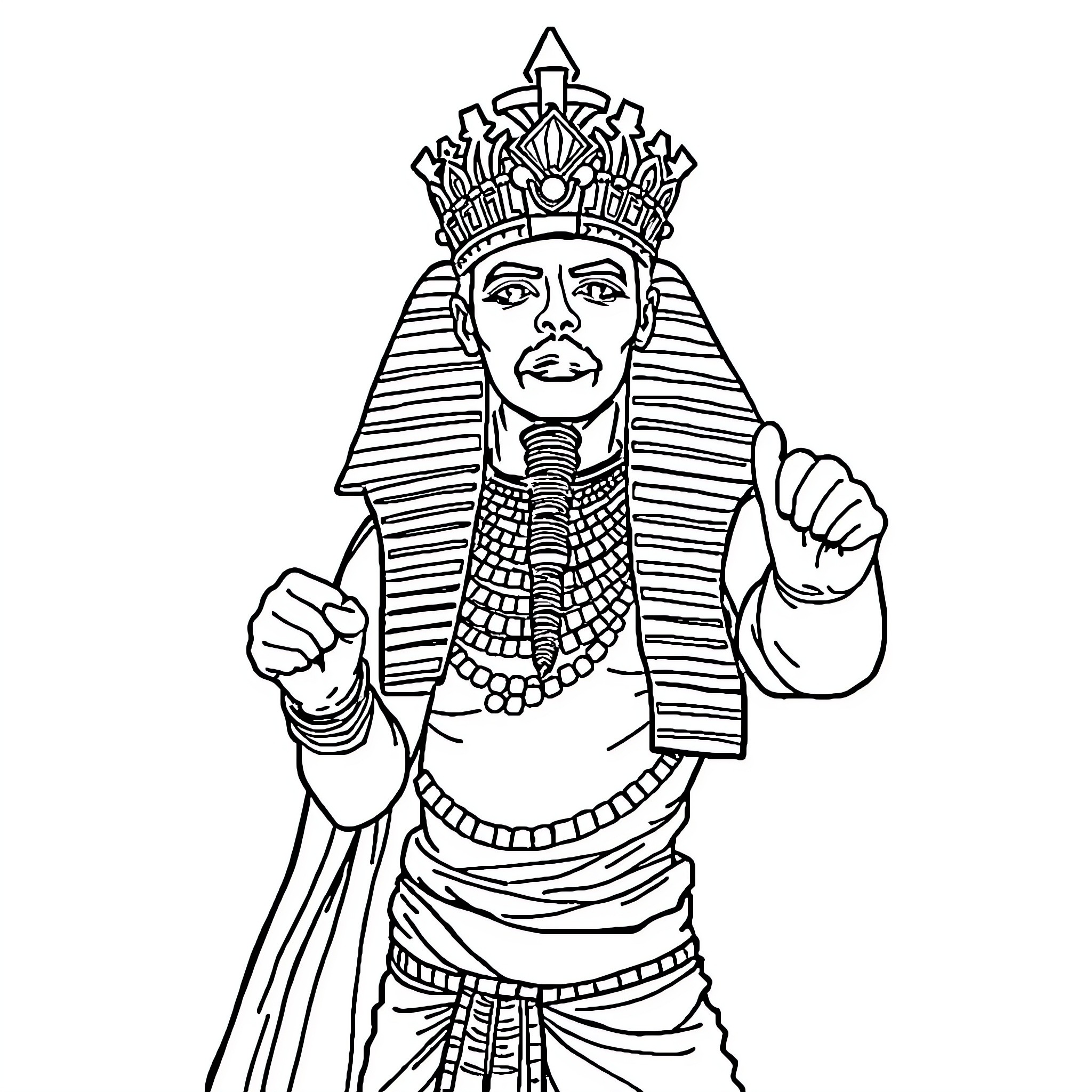 Pharaoh depicted in ornate attire and crown Coloring Page (free black-and-white line drawing printable PDF for all, from beginners to advanced learners, including children, teens, adults, and seniors)