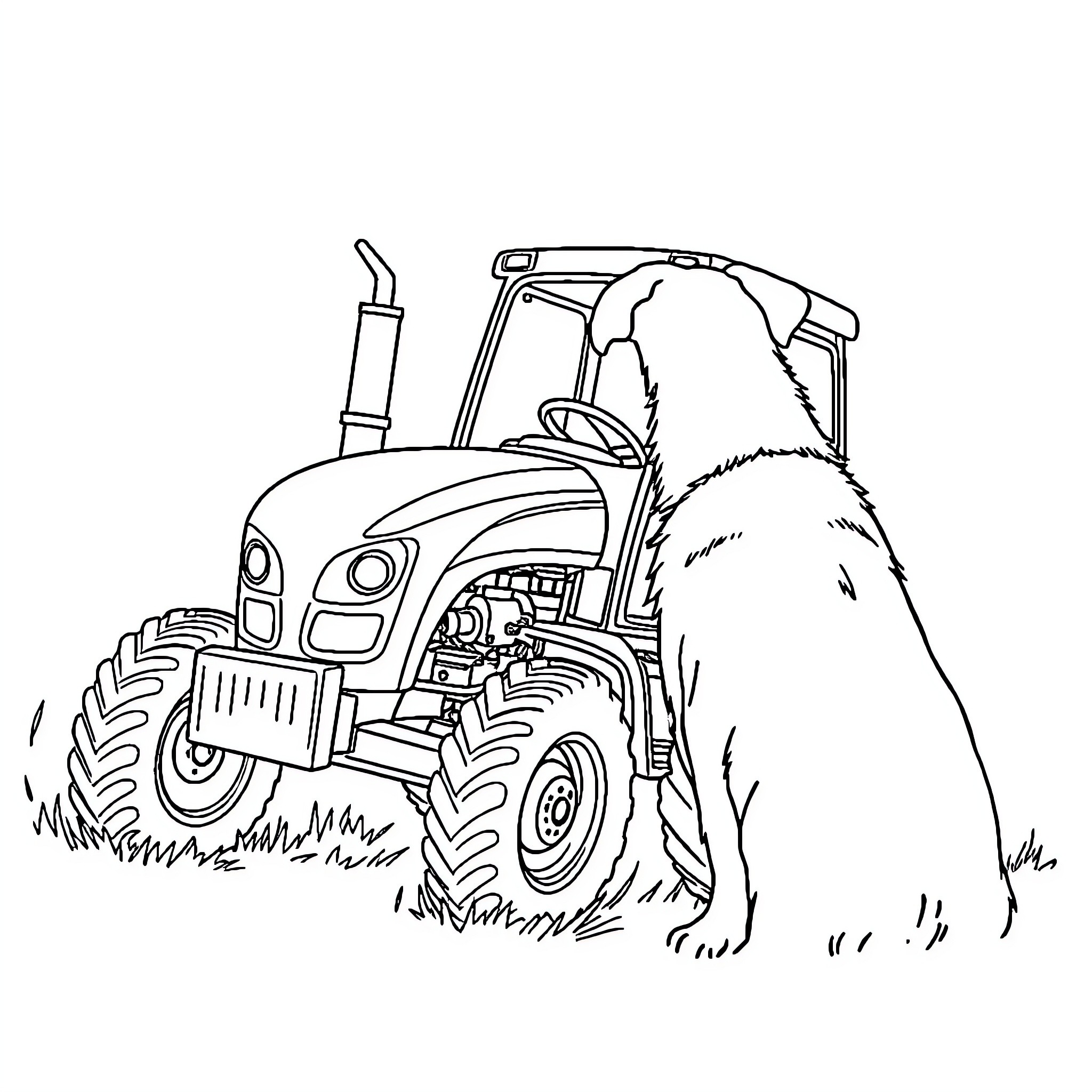 Dog operating a tractor in the field Coloring Page (free black-and-white line drawing printable PDF for all, from beginners to advanced learners, including children, teens, adults, and seniors)