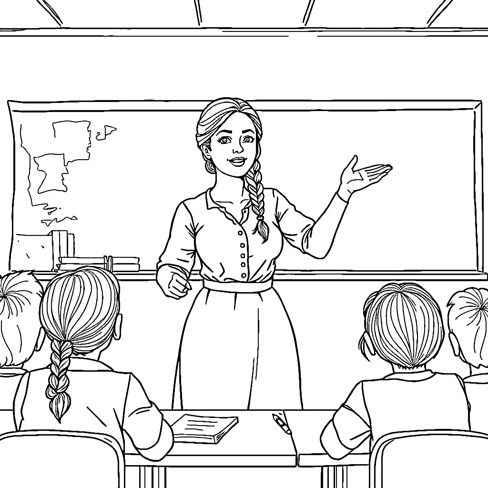 Teacher guiding students in the classroom Coloring Page (free black-and-white line drawing printable PDF for all, from beginners to advanced learners, including children, teens, adults, and seniors)