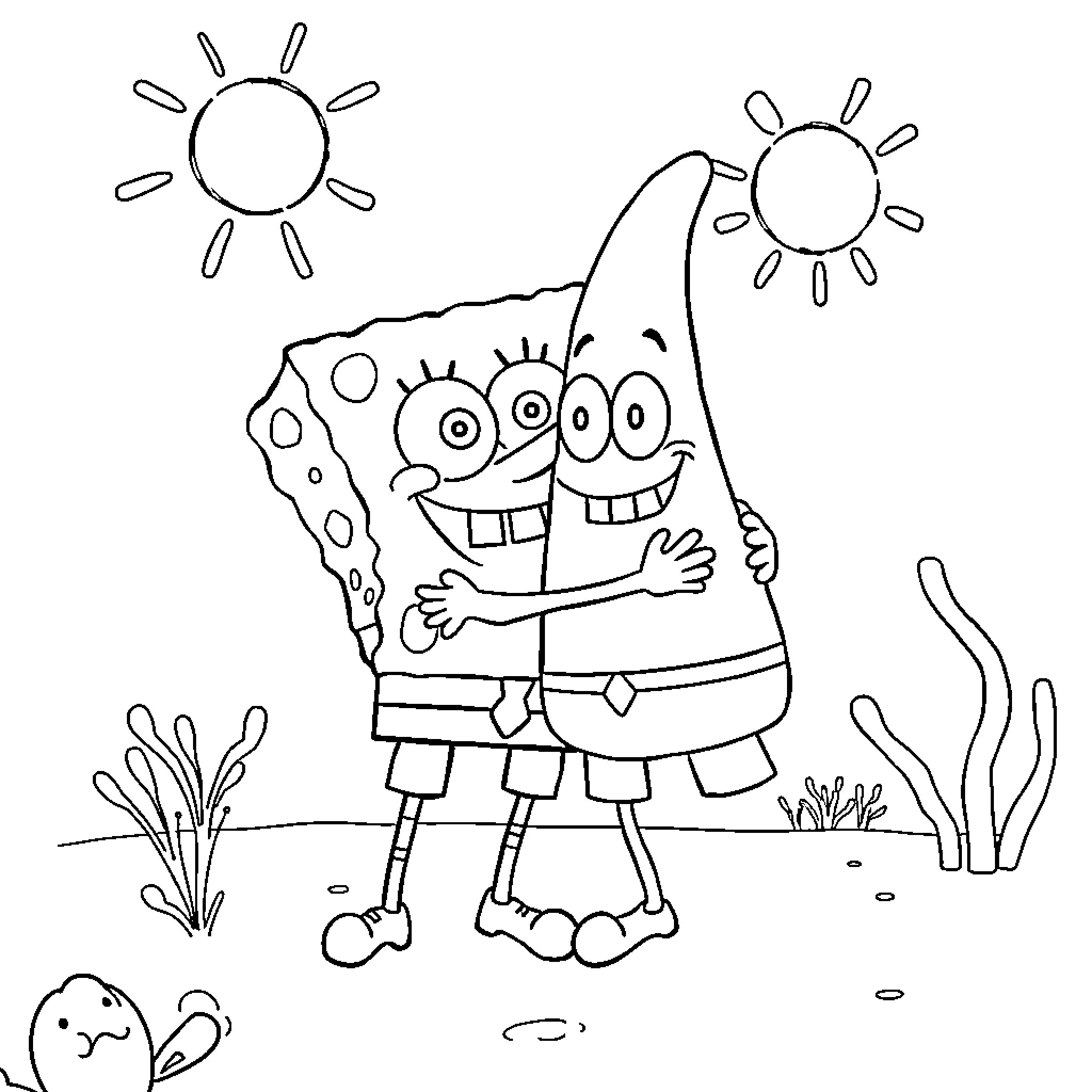 Spongebob enjoying a sunny day outdoors Coloring Page (free black-and-white line drawing printable PDF for all, from beginners to advanced learners, including children, teens, adults, and seniors)