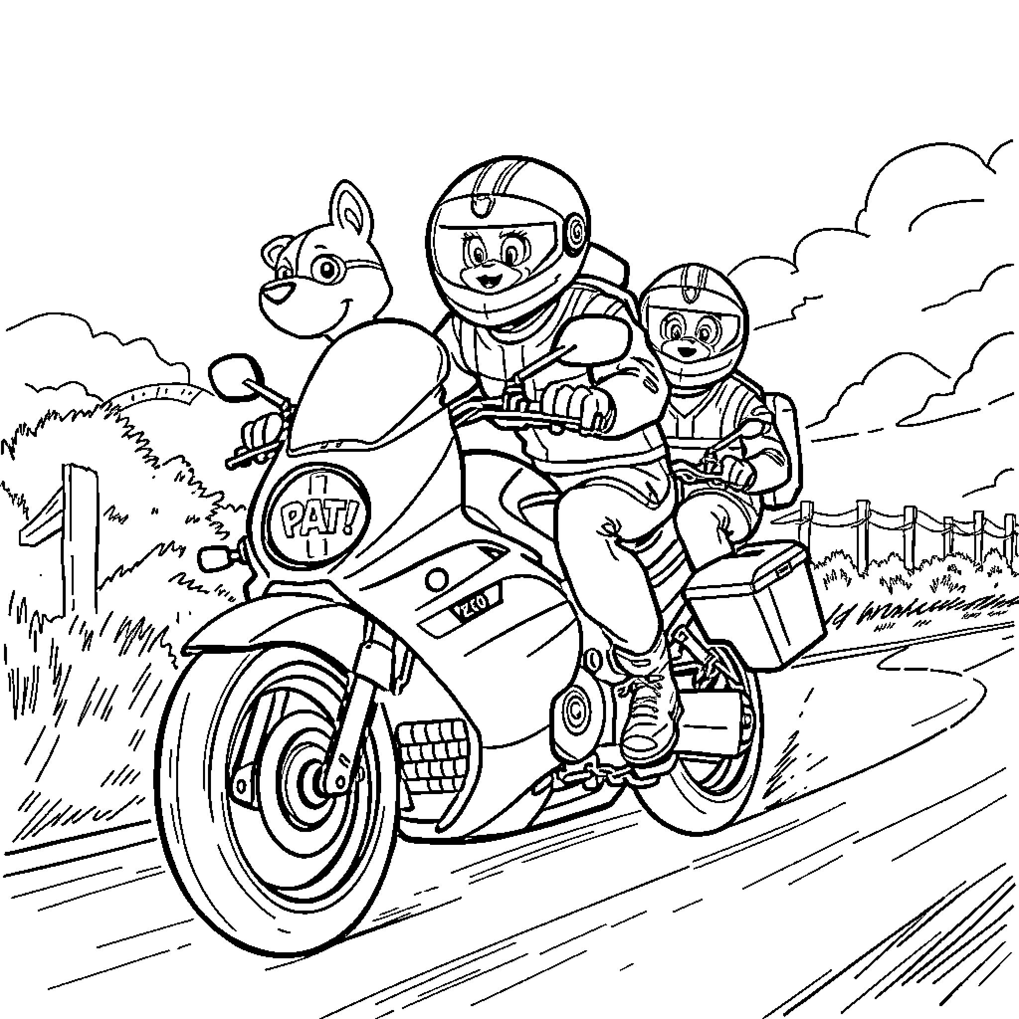 Paw Patrol team riding motorcycle on adventure Coloring Page (free black-and-white line drawing printable PDF for all, from beginners to advanced learners, including children, teens, adults, and seniors)