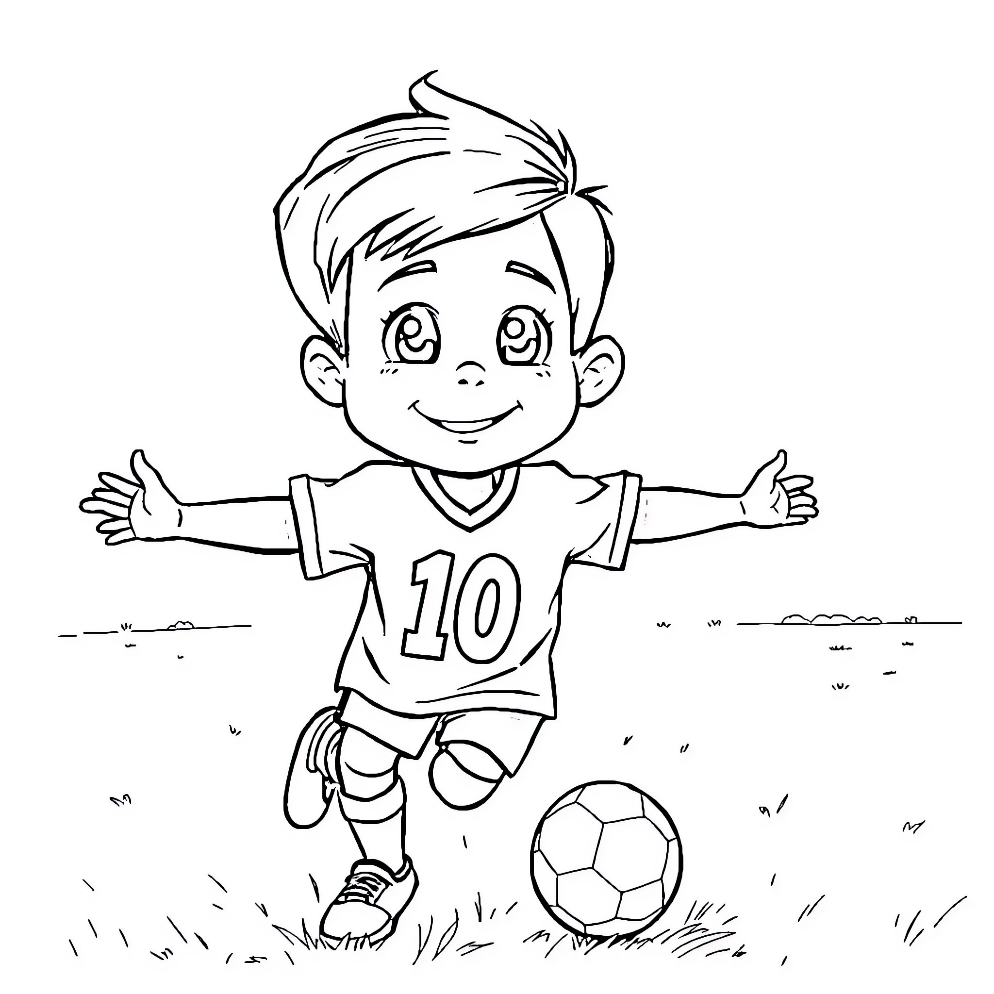 Boy playing with soccer ball on field Coloring Page (free black-and-white line drawing printable PDF for all, from beginners to advanced learners, including children, teens, adults, and seniors)