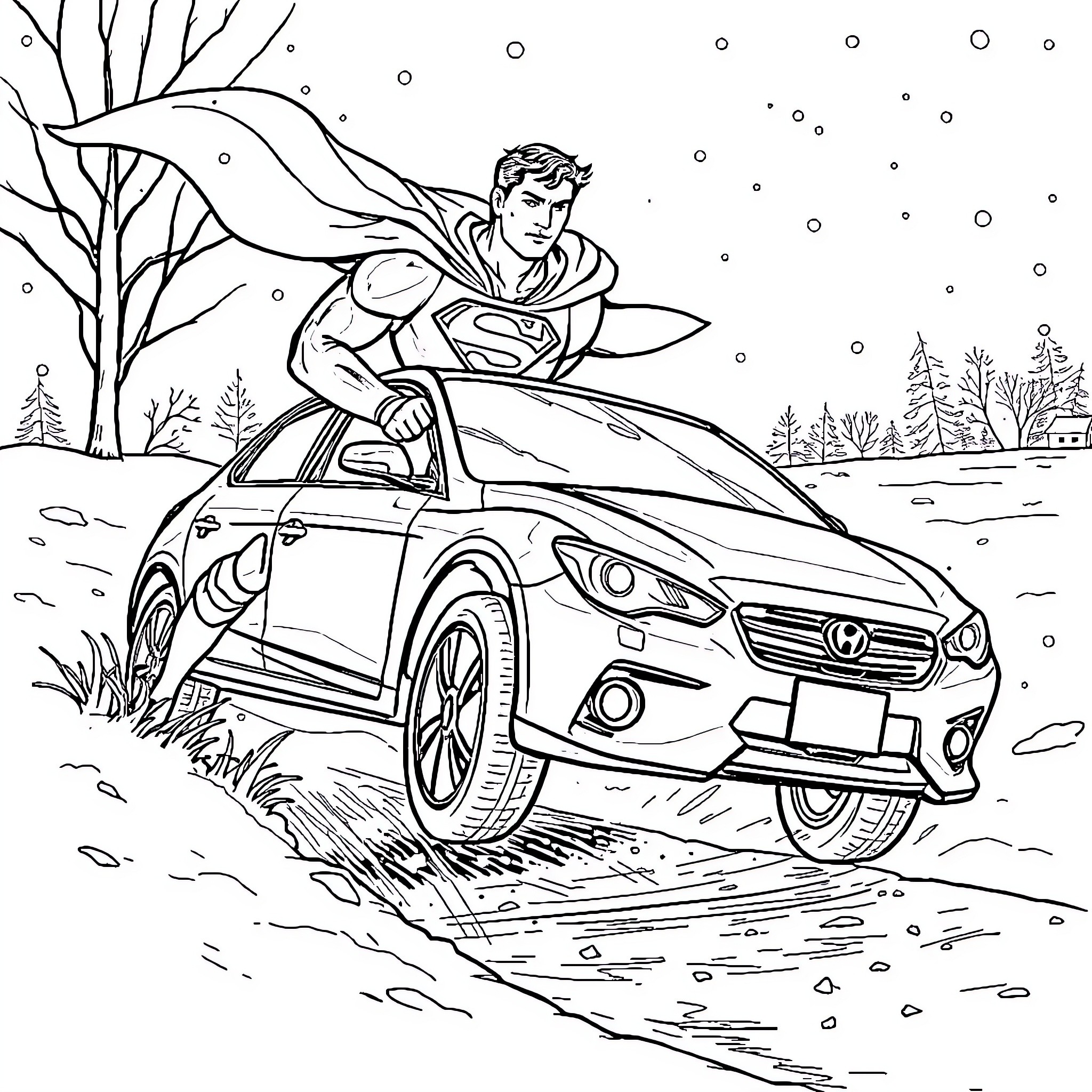 Superman driving sports car in snowy landscape Coloring Page (free black-and-white line drawing printable PDF for all, from beginners to advanced learners, including children, teens, adults, and seniors)