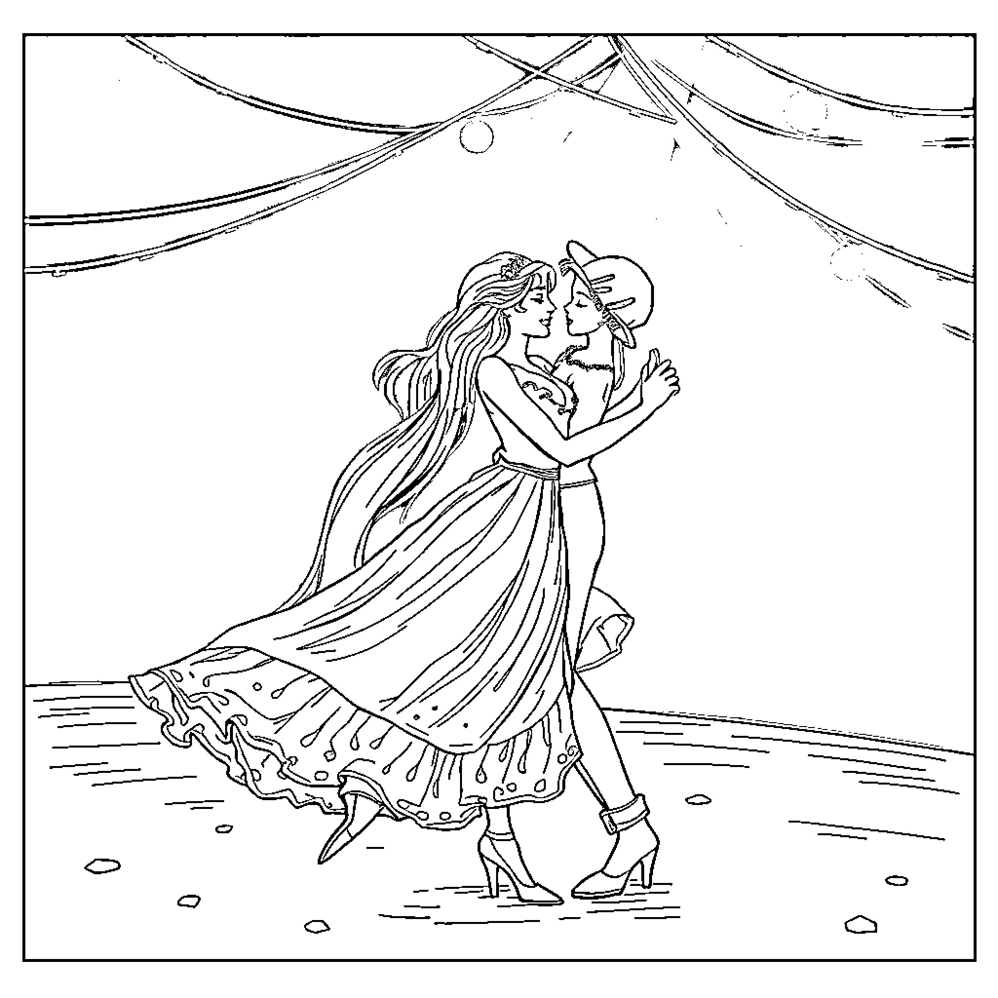 Wednesday Evening Ballroom Dance Performance Coloring Page (free black-and-white line drawing printable PDF for all, from beginners to advanced learners, including children, teens, adults, and seniors)