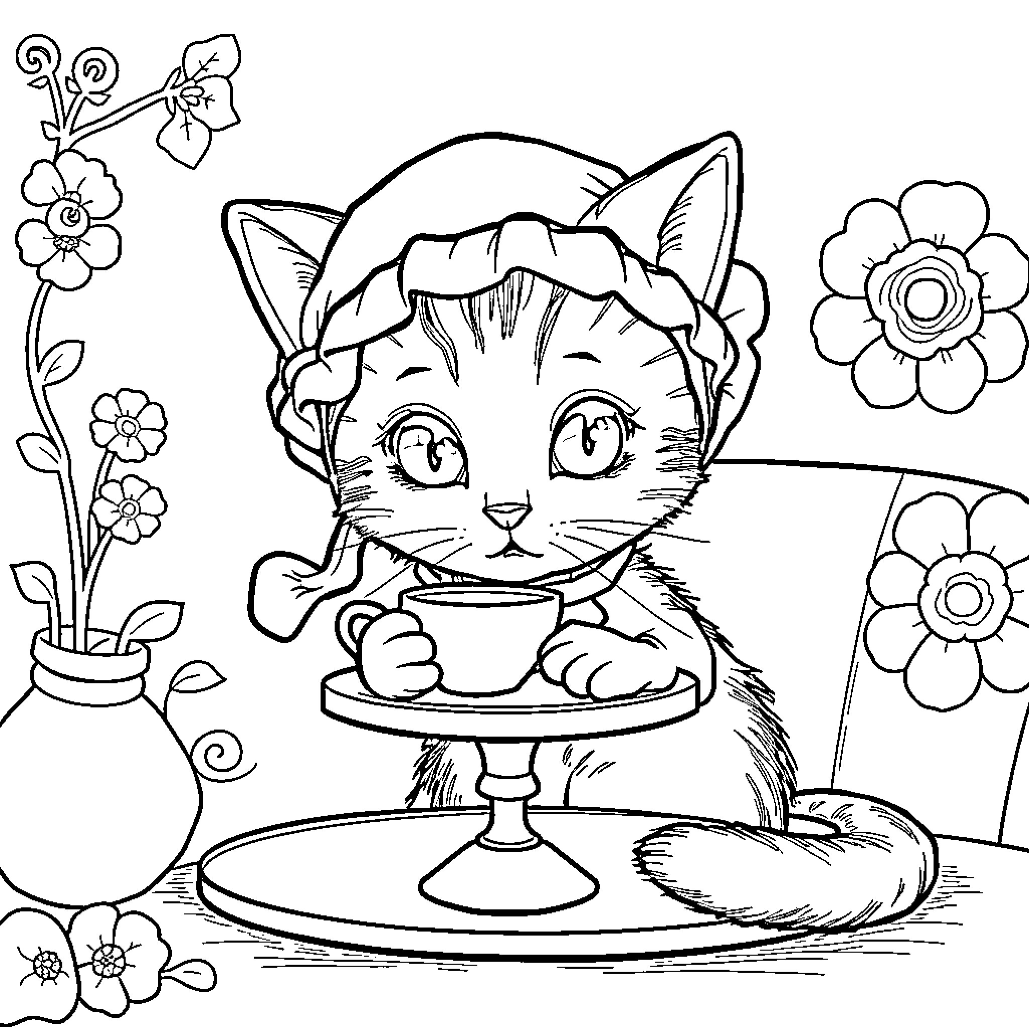 Cat enjoying a sweet treat in a floral setting Coloring Page (free black-and-white line drawing printable PDF for all, from beginners to advanced learners, including children, teens, adults, and seniors)