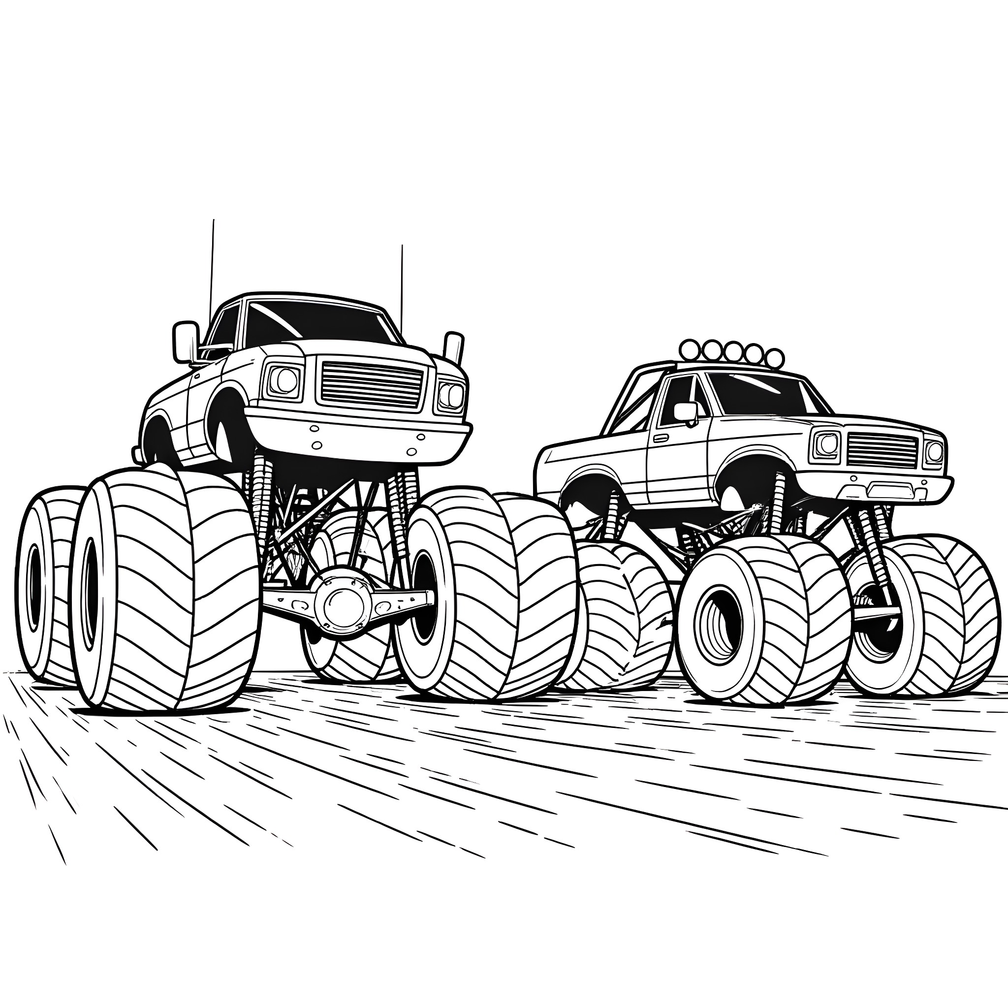 Monster Trucks Racing on the Track Coloring Page (free black-and-white line drawing printable PDF for all, from beginners to advanced learners, including children, teens, adults, and seniors)