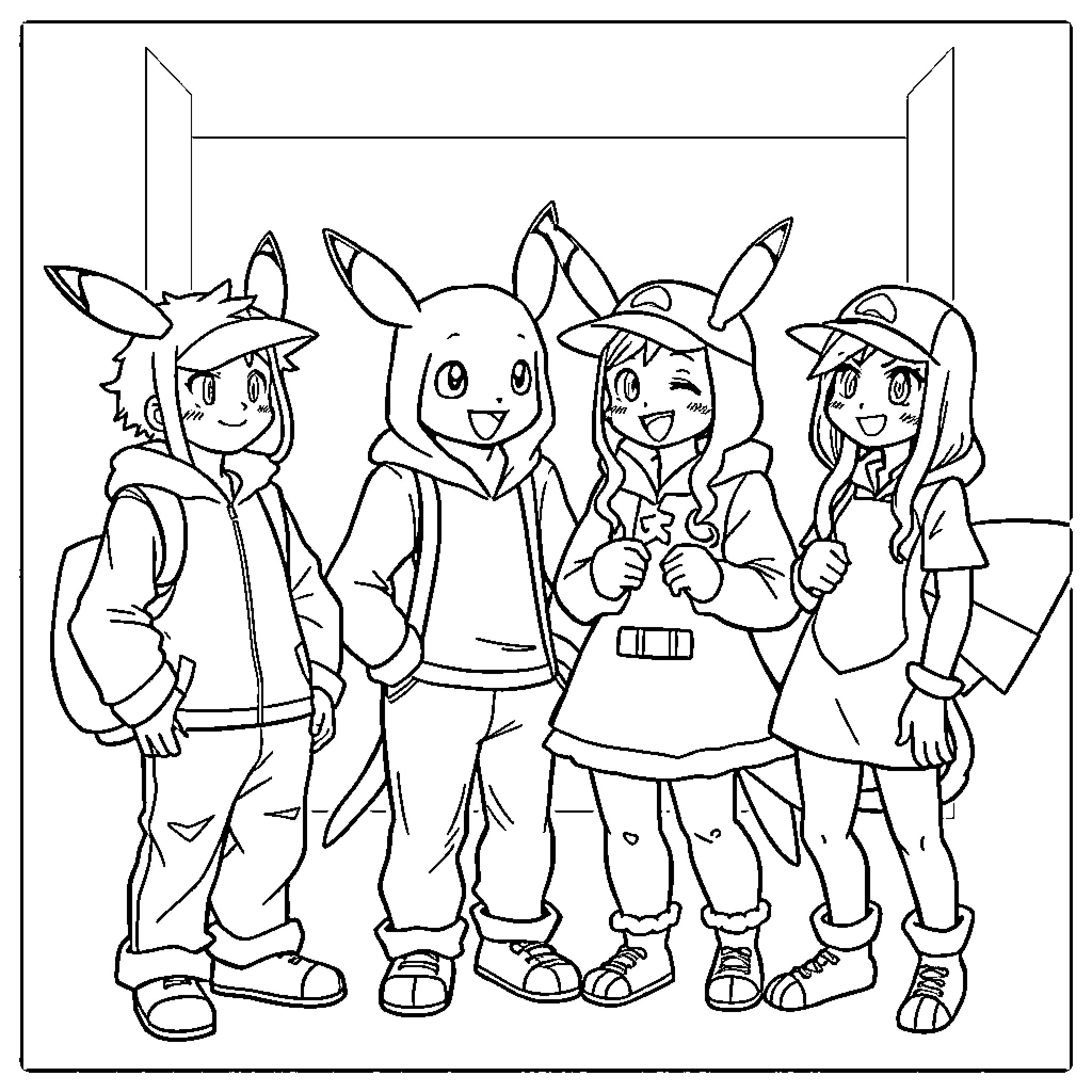 Pokémon Trainers Celebrating Together Coloring Page (free black-and-white line drawing printable PDF for all, from beginners to advanced learners, including children, teens, adults, and seniors)