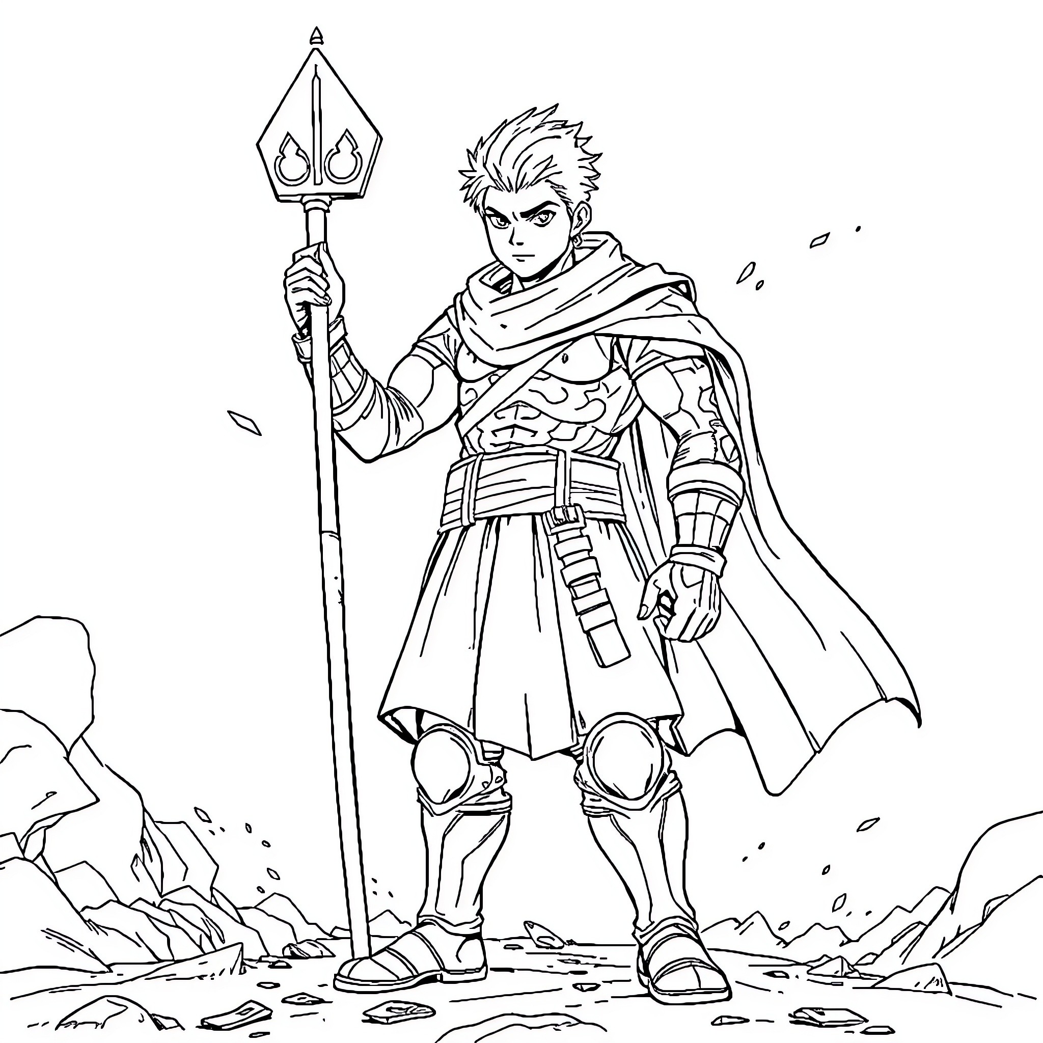 Hero in Heroic Stance with Spear in Fantasy Landscape Coloring Page (free black-and-white line drawing printable PDF for all, from beginners to advanced learners, including children, teens, adults, and seniors)