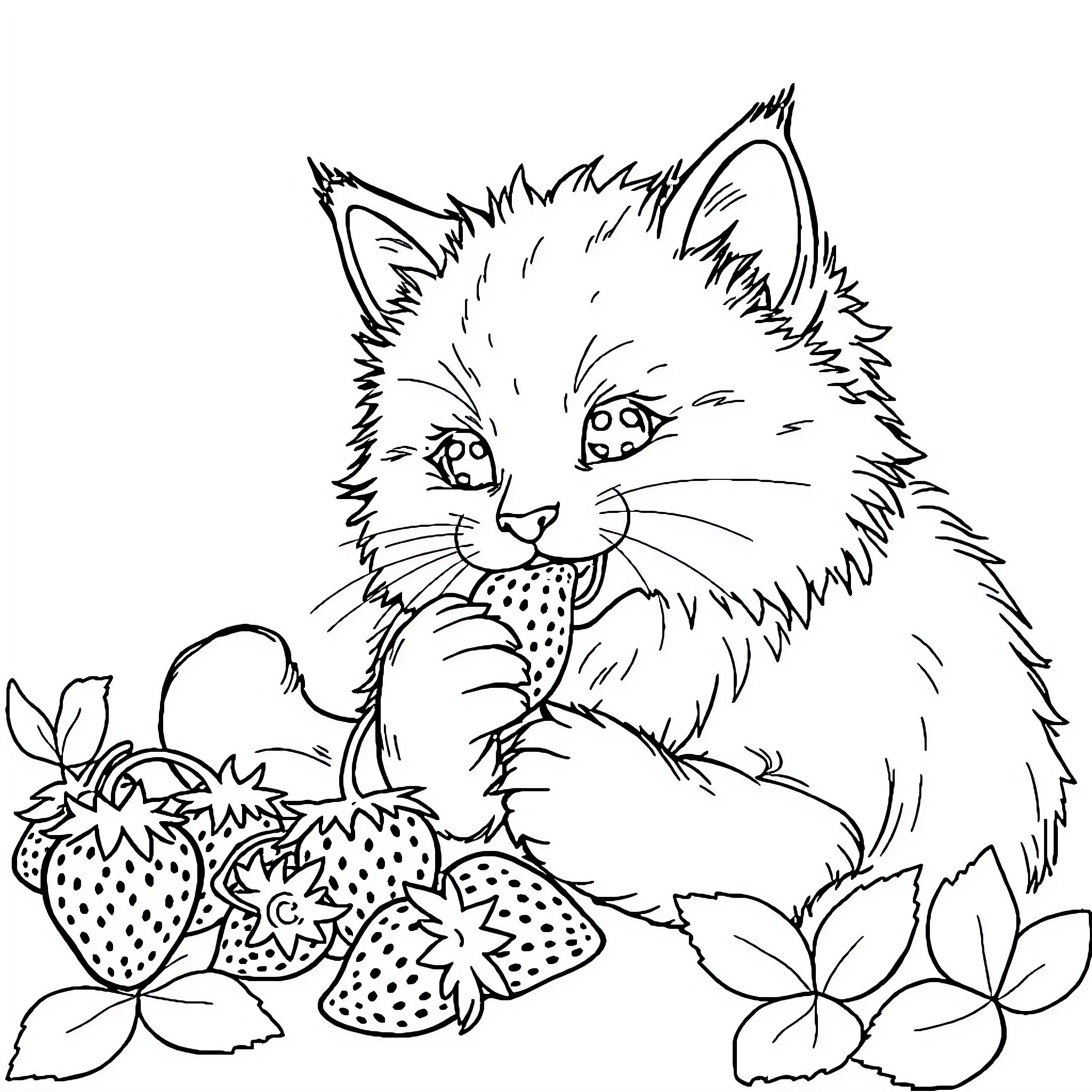 Cat enjoys delicious strawberries in nature Coloring Page (free black-and-white line drawing printable PDF for all, from beginners to advanced learners, including children, teens, adults, and seniors)