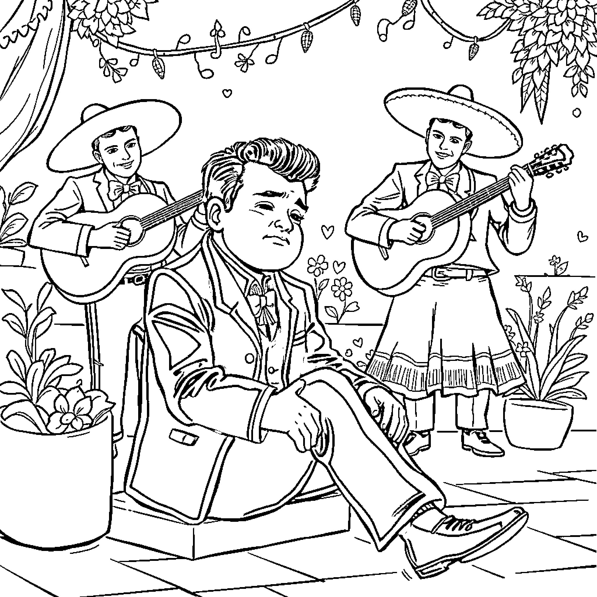 Pedro Infante performing with mariachi band in festive setting Coloring Page (free black-and-white line drawing printable PDF for all, from beginners to advanced learners, including children, teens, adults, and seniors)