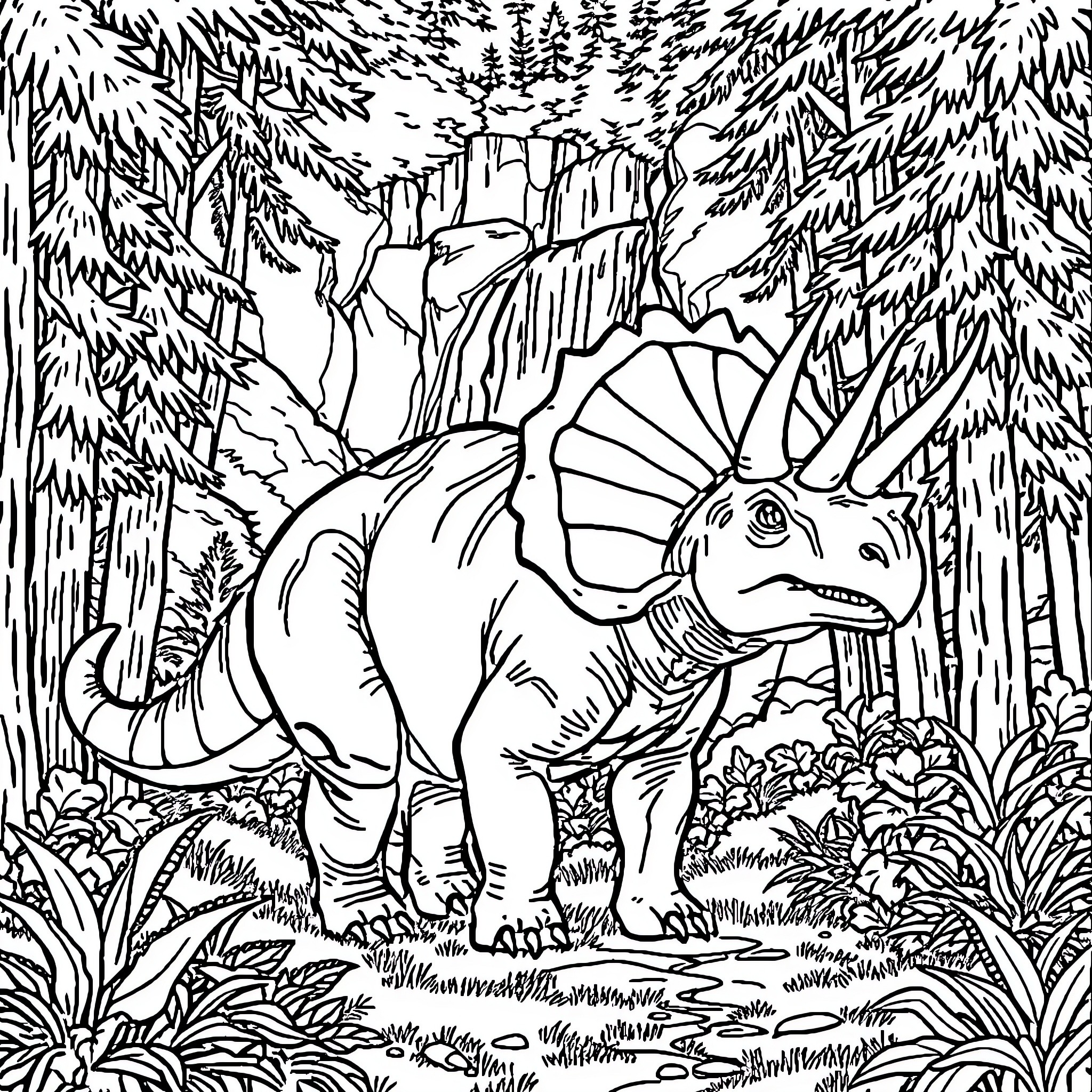 Triceratops exploring the prehistoric forest Coloring Page (free black-and-white line drawing printable PDF for all, from beginners to advanced learners, including children, teens, adults, and seniors)