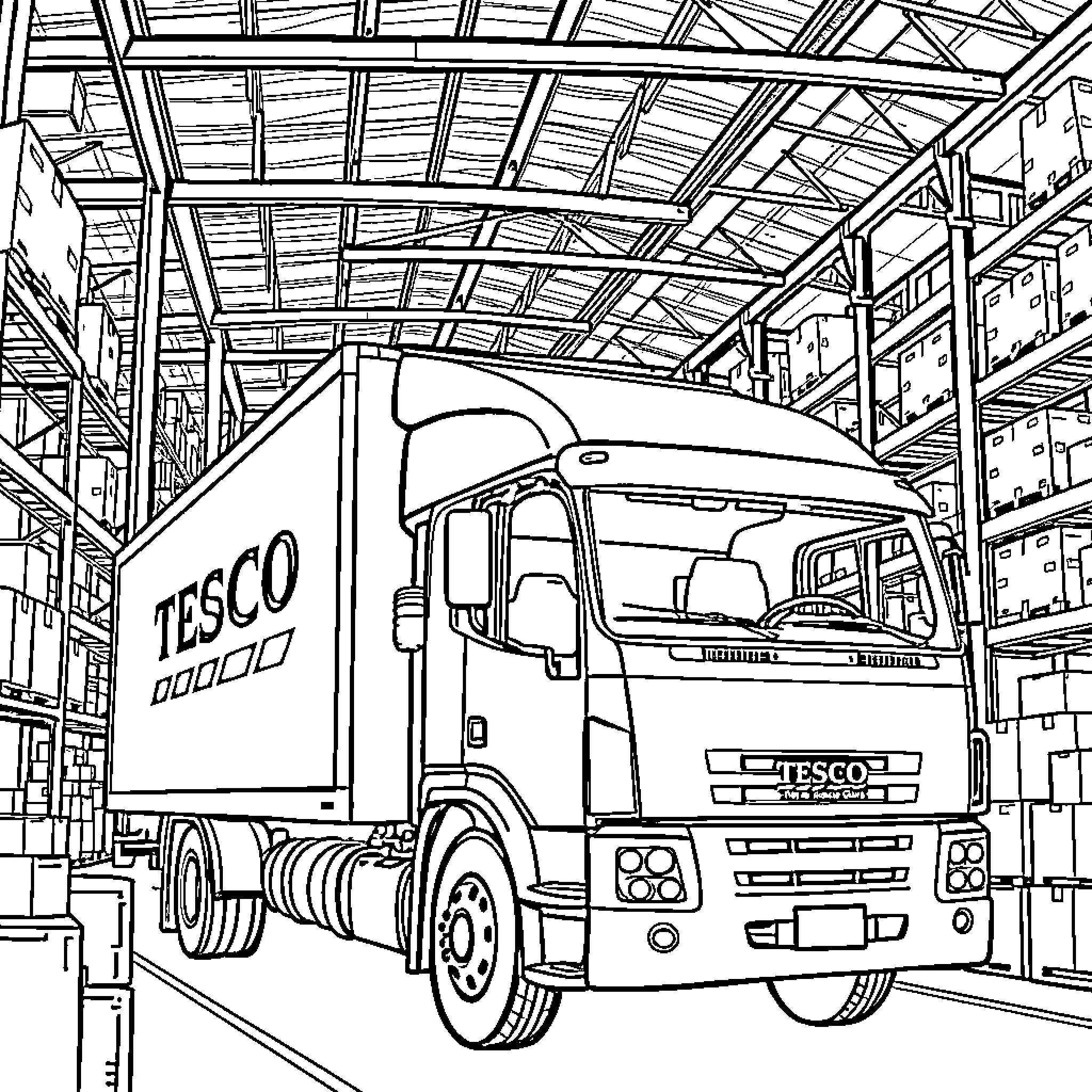 Truck delivering goods in warehouse Coloring Page (free black-and-white line drawing printable PDF for all, from beginners to advanced learners, including children, teens, adults, and seniors)