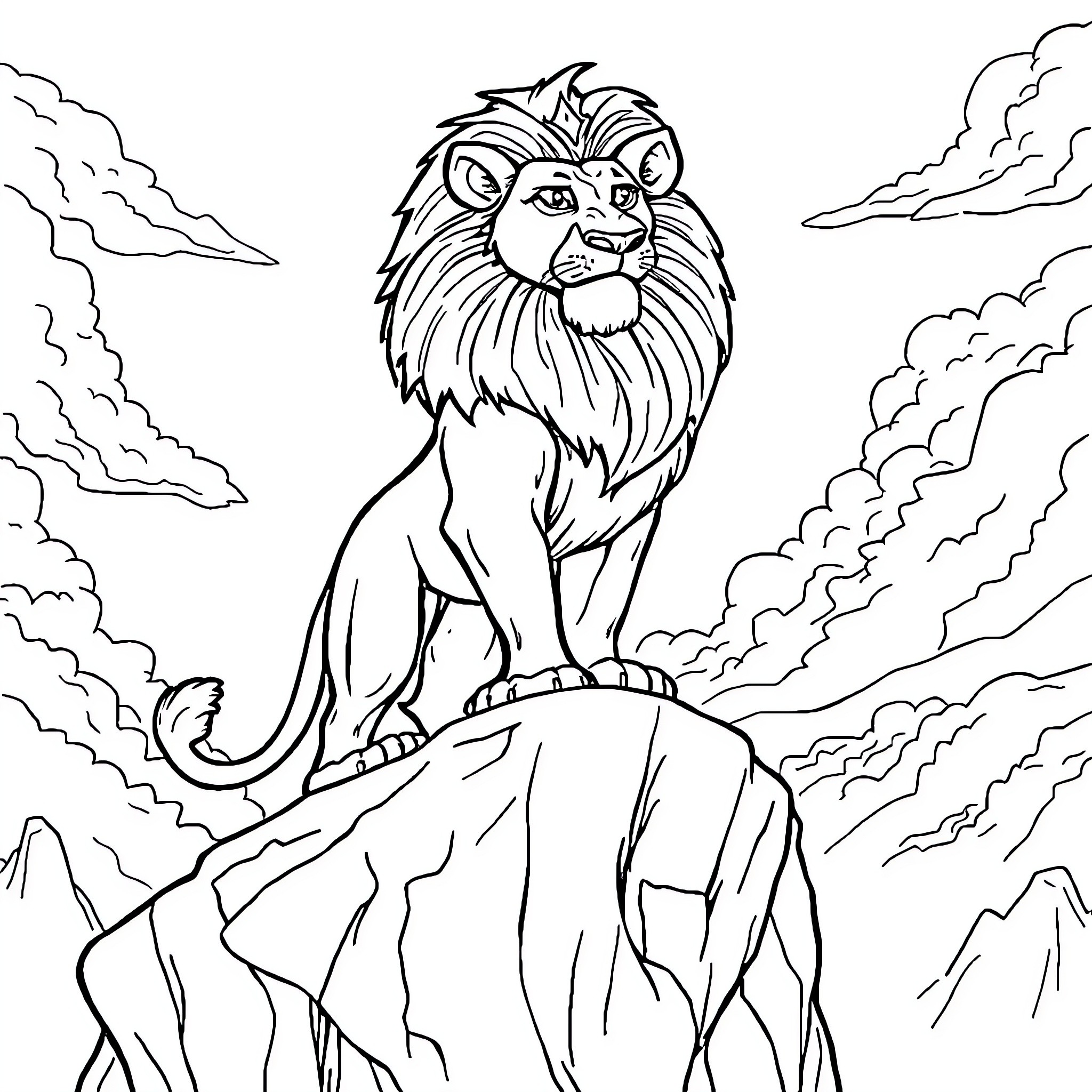 Lion standing proudly on a rocky cliff Coloring Page (free black-and-white line drawing printable PDF for all, from beginners to advanced learners, including children, teens, adults, and seniors)