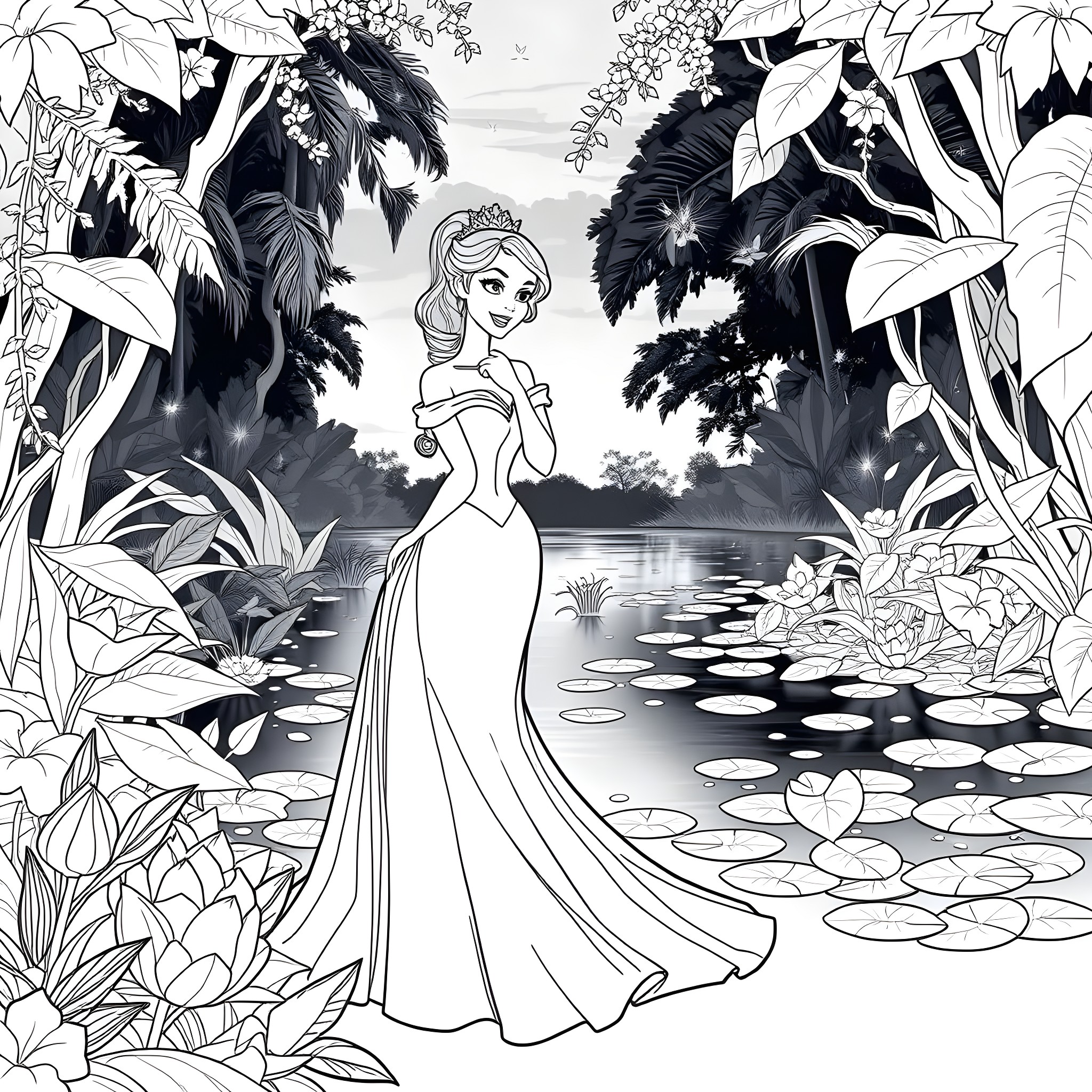 Tiana's Tranquil Tropical Reverie Coloring Page (free black-and-white line drawing printable PDF for all, from beginners to advanced learners, including children, teens, adults, and seniors)