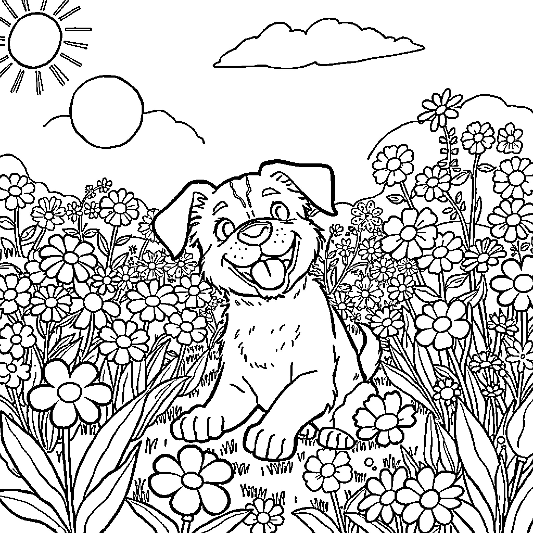 Dog enjoying a sunny garden with flowers Coloring Page (free black-and-white line drawing printable PDF for all, from beginners to advanced learners, including children, teens, adults, and seniors)