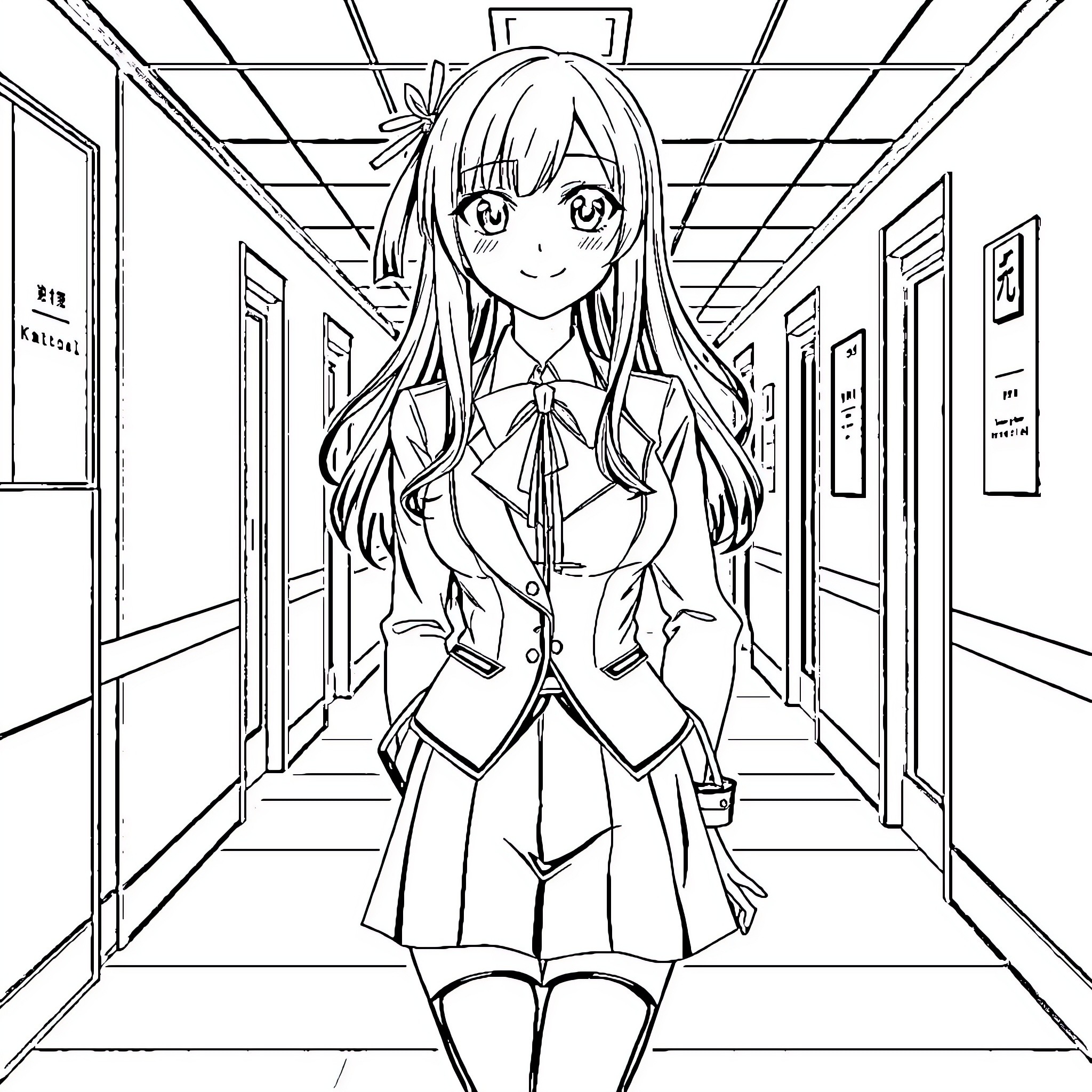 Kirari's Cheerful School Adventure Coloring Page (free black-and-white line drawing printable PDF for all, from beginners to advanced learners, including children, teens, adults, and seniors)