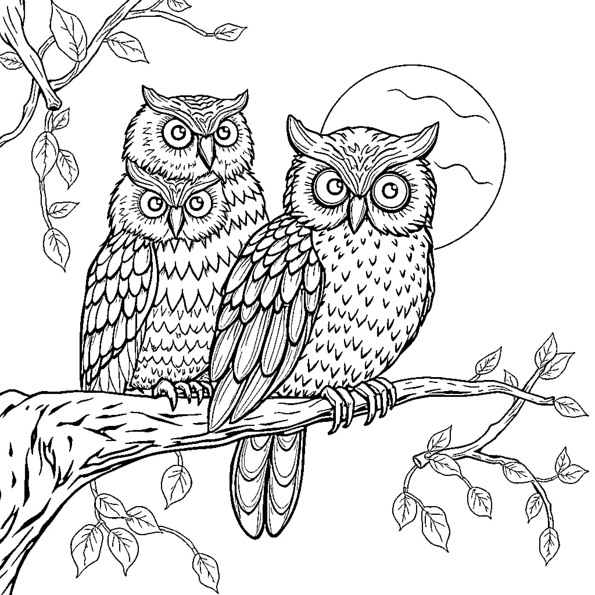 Owls perched on a branch under a crescent moon Coloring Page (free black-and-white line drawing printable PDF for all, from beginners to advanced learners, including children, teens, adults, and seniors)