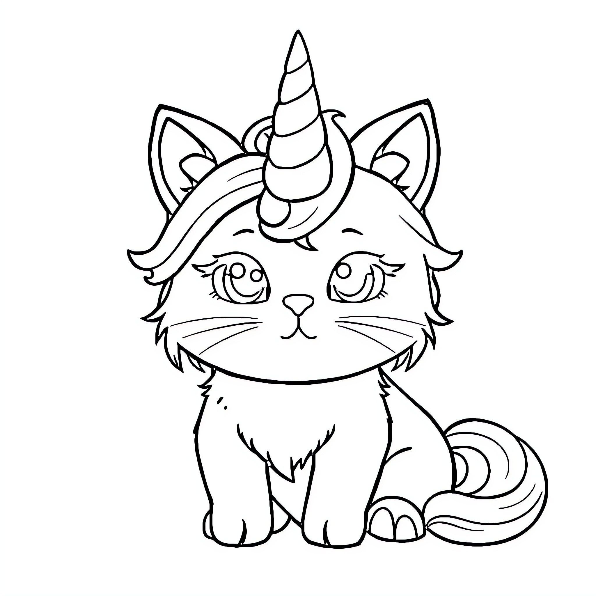 Unicorn Cat with a Magical Horn Coloring Page (free black-and-white line drawing printable PDF for all, from beginners to advanced learners, including children, teens, adults, and seniors)