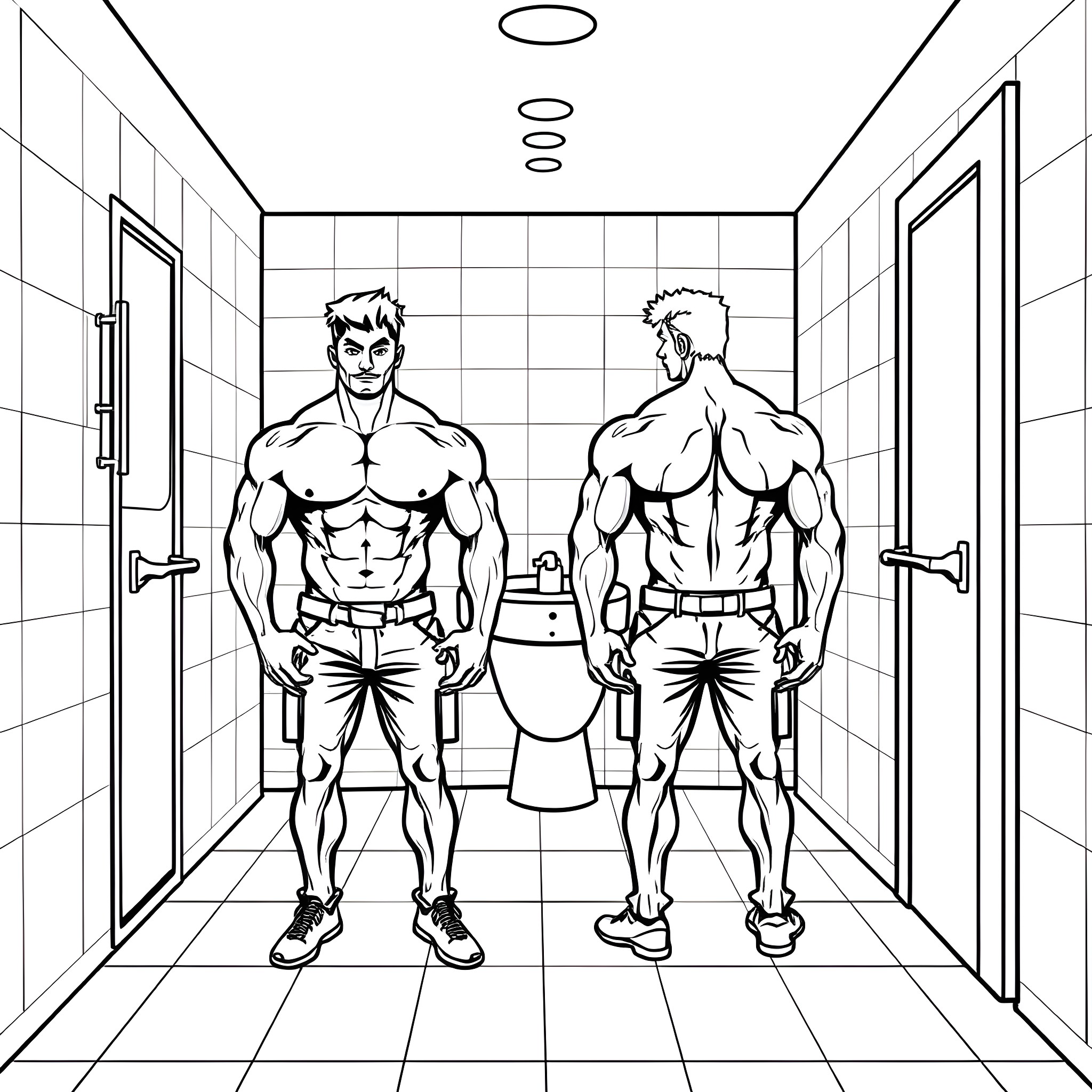 Man facing off with muscular companion in bathroom Coloring Page (free black-and-white line drawing printable PDF for all, from beginners to advanced learners, including children, teens, adults, and seniors)