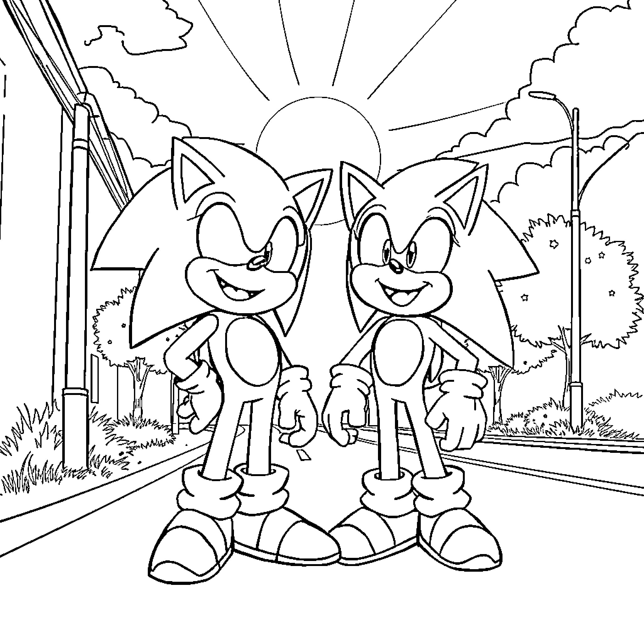 Sonic characters in a scenic outdoor setting Coloring Page (free black-and-white line drawing printable PDF for all, from beginners to advanced learners, including children, teens, adults, and seniors)
