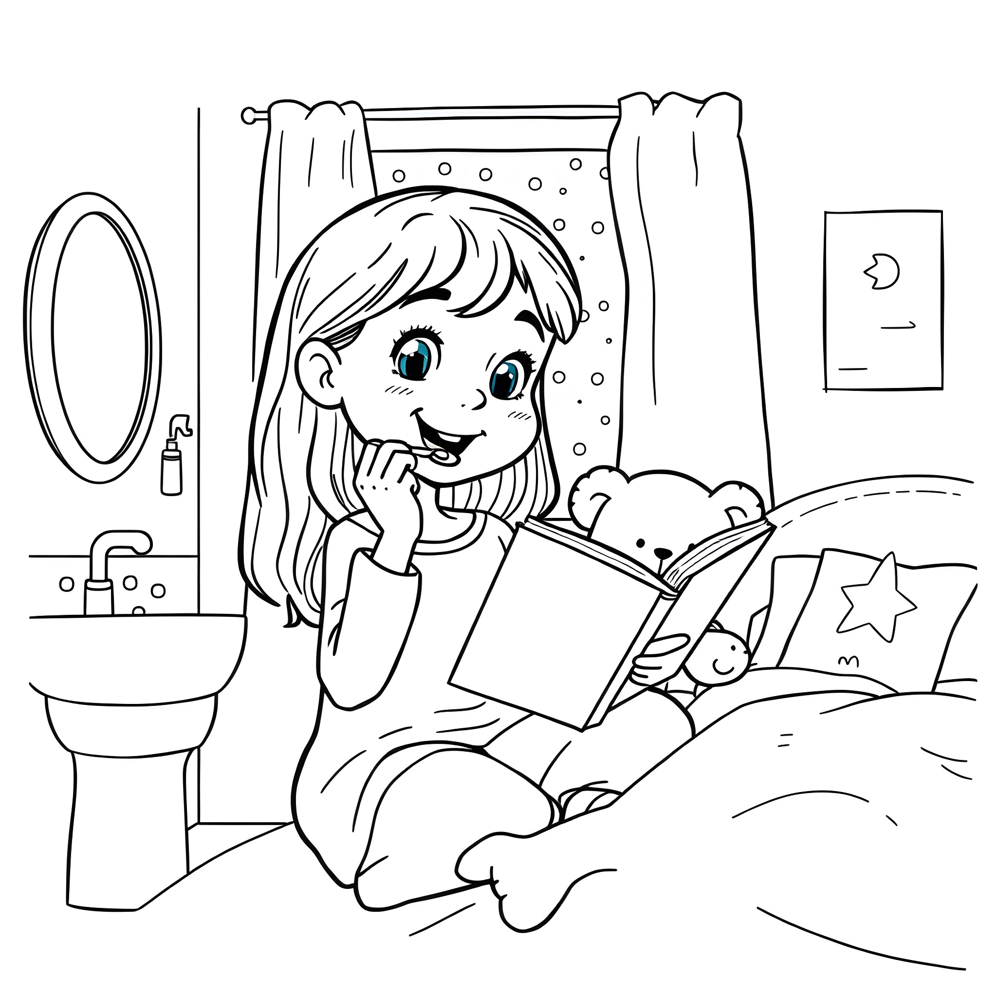 Girl Reading a Book in Her Bedroom Coloring Page (free black-and-white line drawing printable PDF for all, from beginners to advanced learners, including children, teens, adults, and seniors)