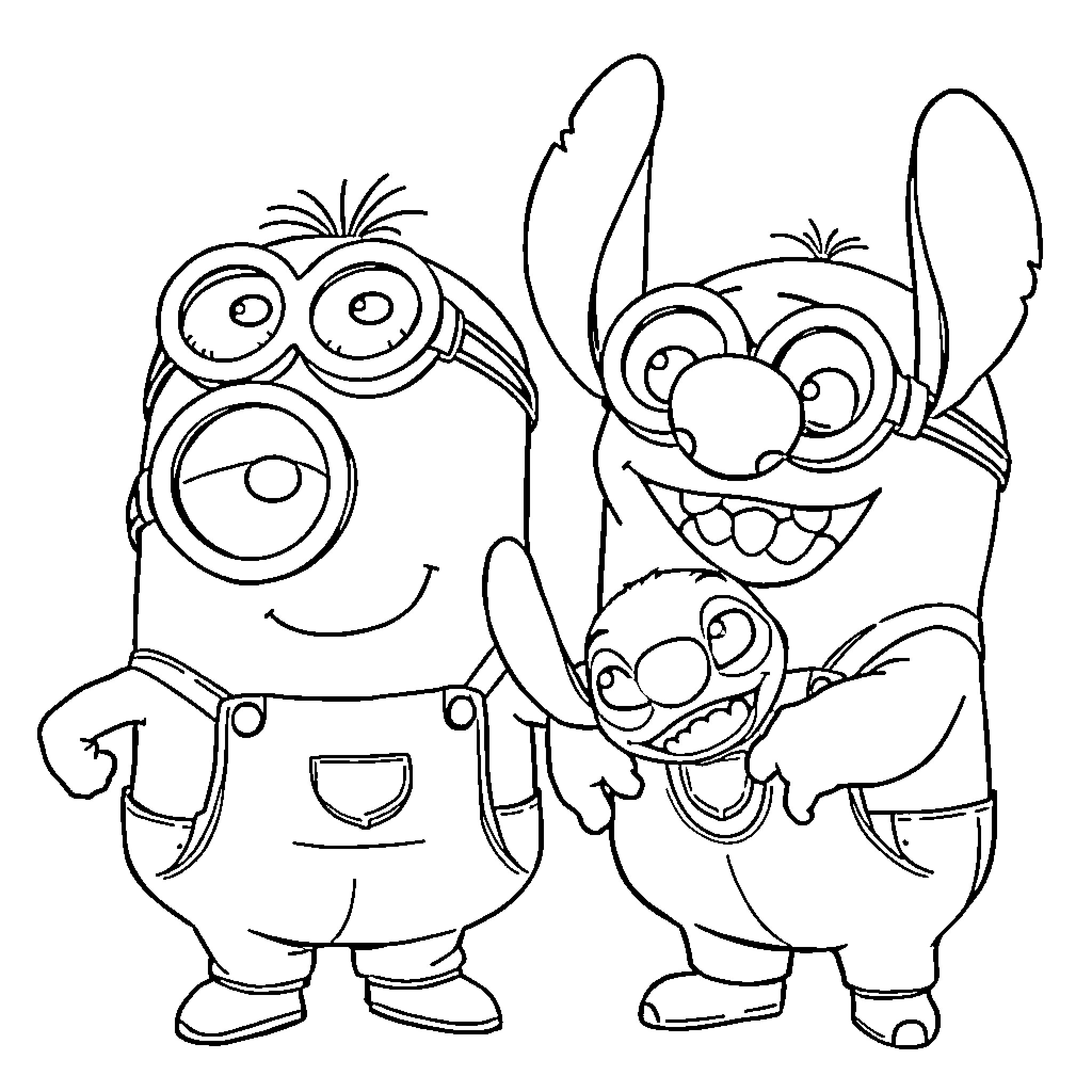 Minions playing and laughing together Coloring Page (free black-and-white line drawing printable PDF for all, from beginners to advanced learners, including children, teens, adults, and seniors)