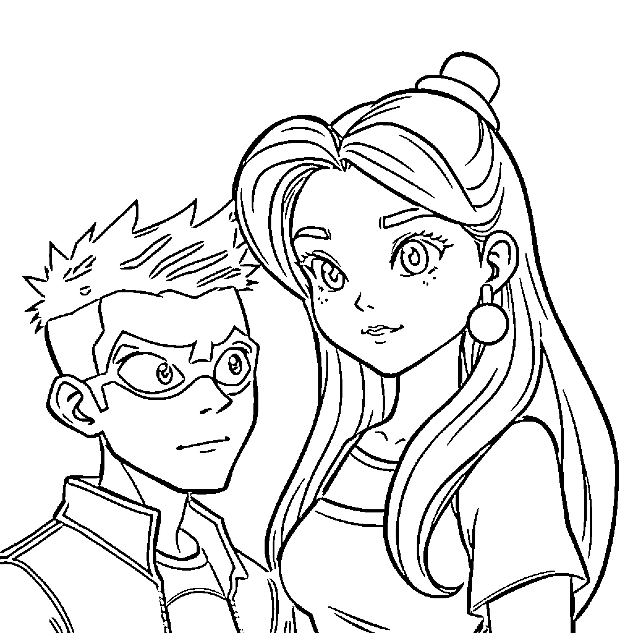 Miles Morales and Friend in Heroic Pose Coloring Page (free black-and-white line drawing printable PDF for all, from beginners to advanced learners, including children, teens, adults, and seniors)