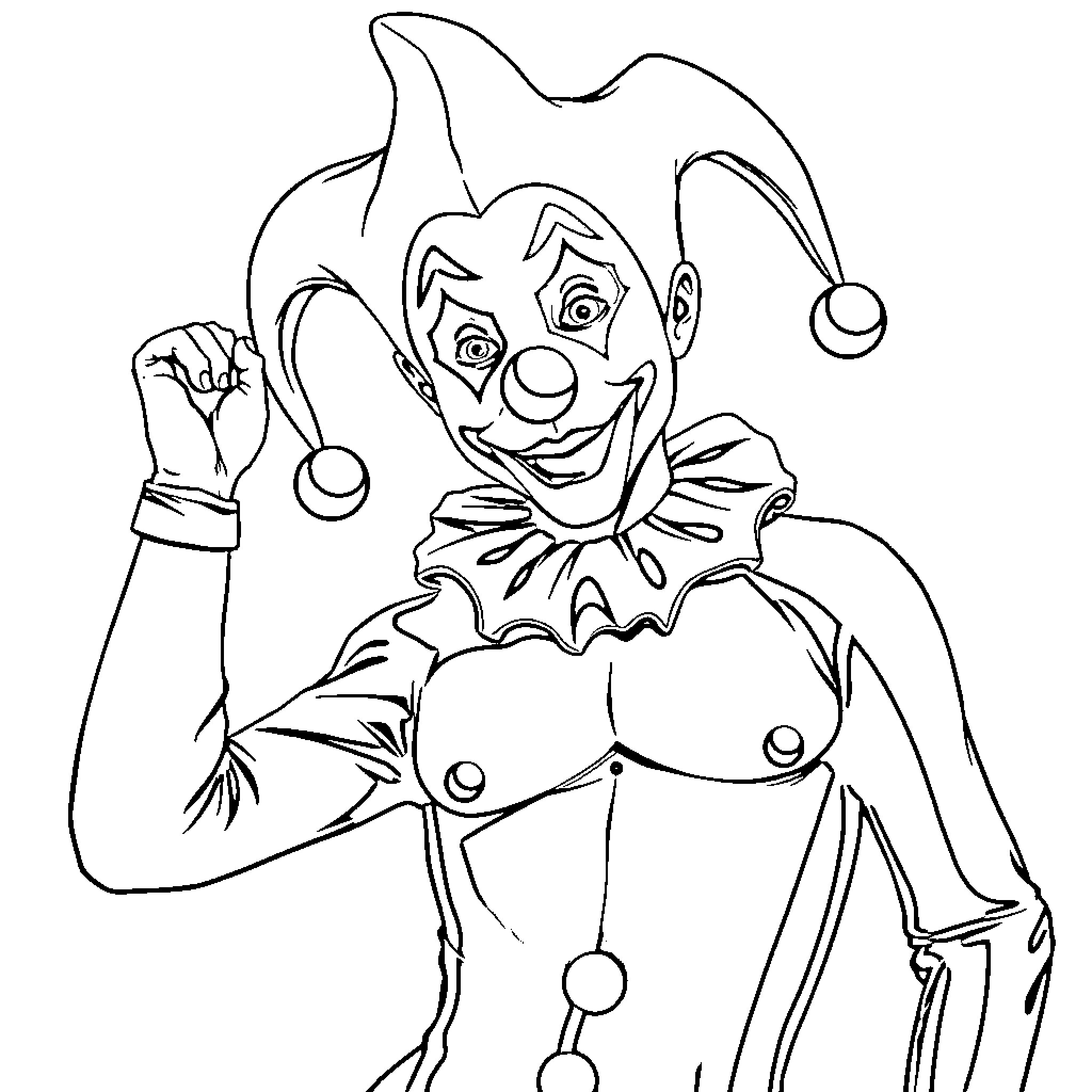 Harlequin Jester in Whimsical Pose Coloring Page (free black-and-white line drawing printable PDF for all, from beginners to advanced learners, including children, teens, adults, and seniors)