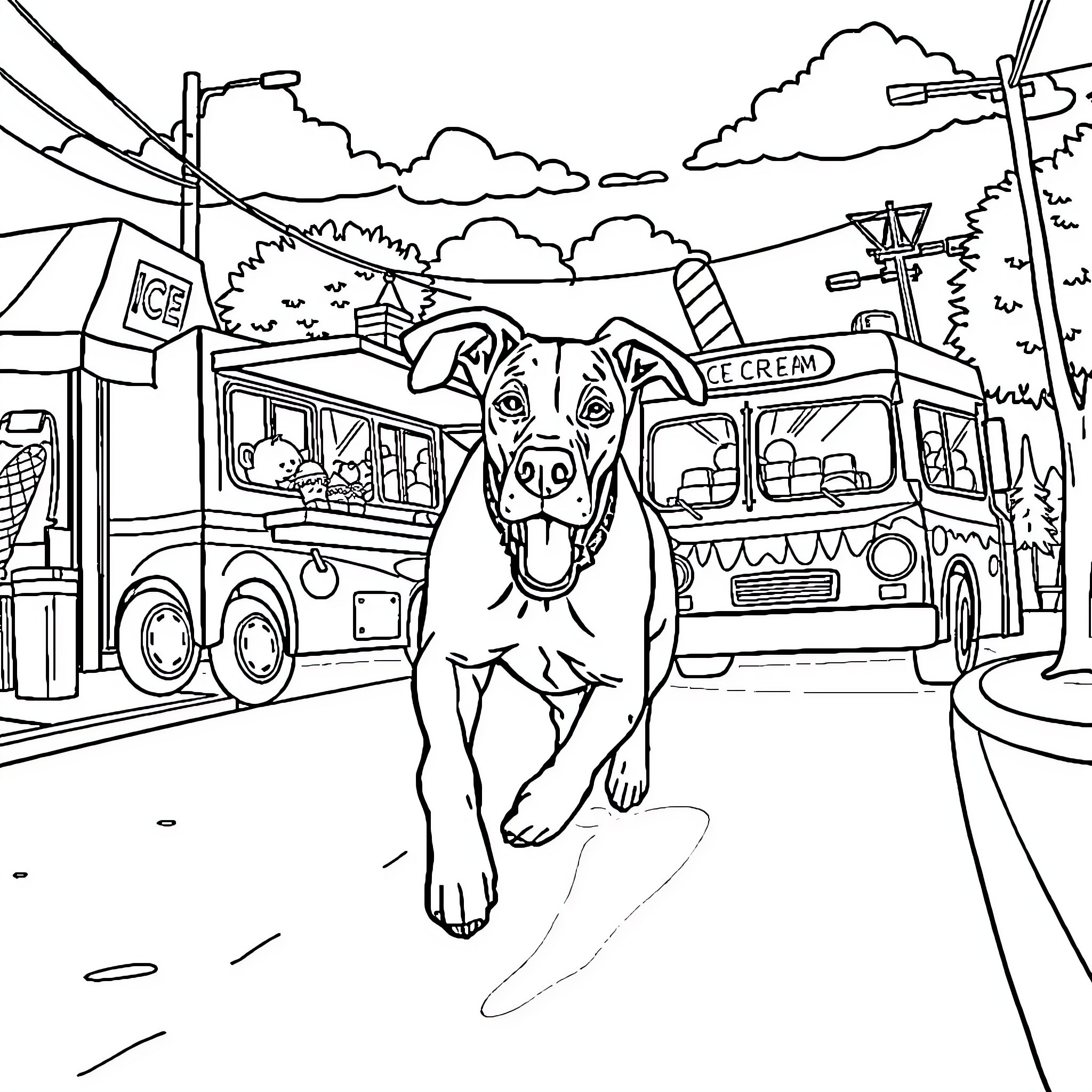 Great Dane Enjoying an Ice Cream Outing Coloring Page (free black-and-white line drawing printable PDF for all, from beginners to advanced learners, including children, teens, adults, and seniors)
