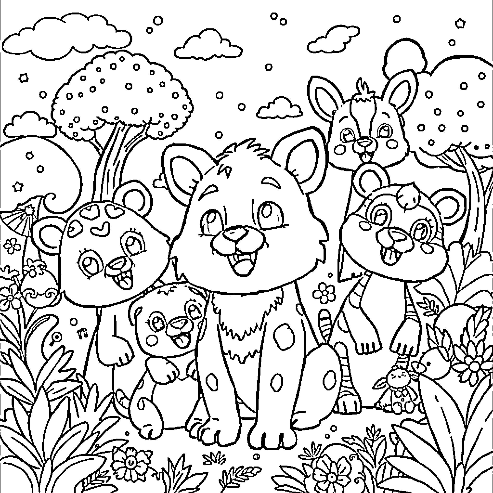 Skzoo Rabbits Enjoying a Snowy Winter Day Coloring Page (free black-and-white line drawing printable PDF for all, from beginners to advanced learners, including children, teens, adults, and seniors)