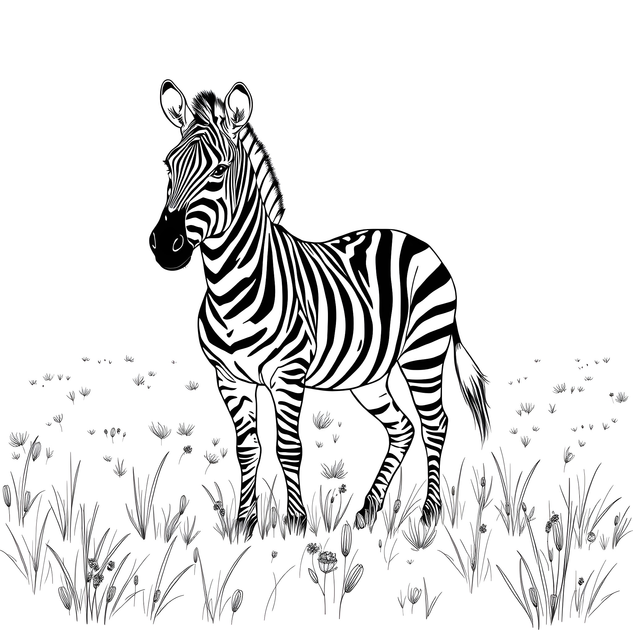 Zebra walking gracefully through the grasslands Coloring Page (free black-and-white line drawing printable PDF for all, from beginners to advanced learners, including children, teens, adults, and seniors)