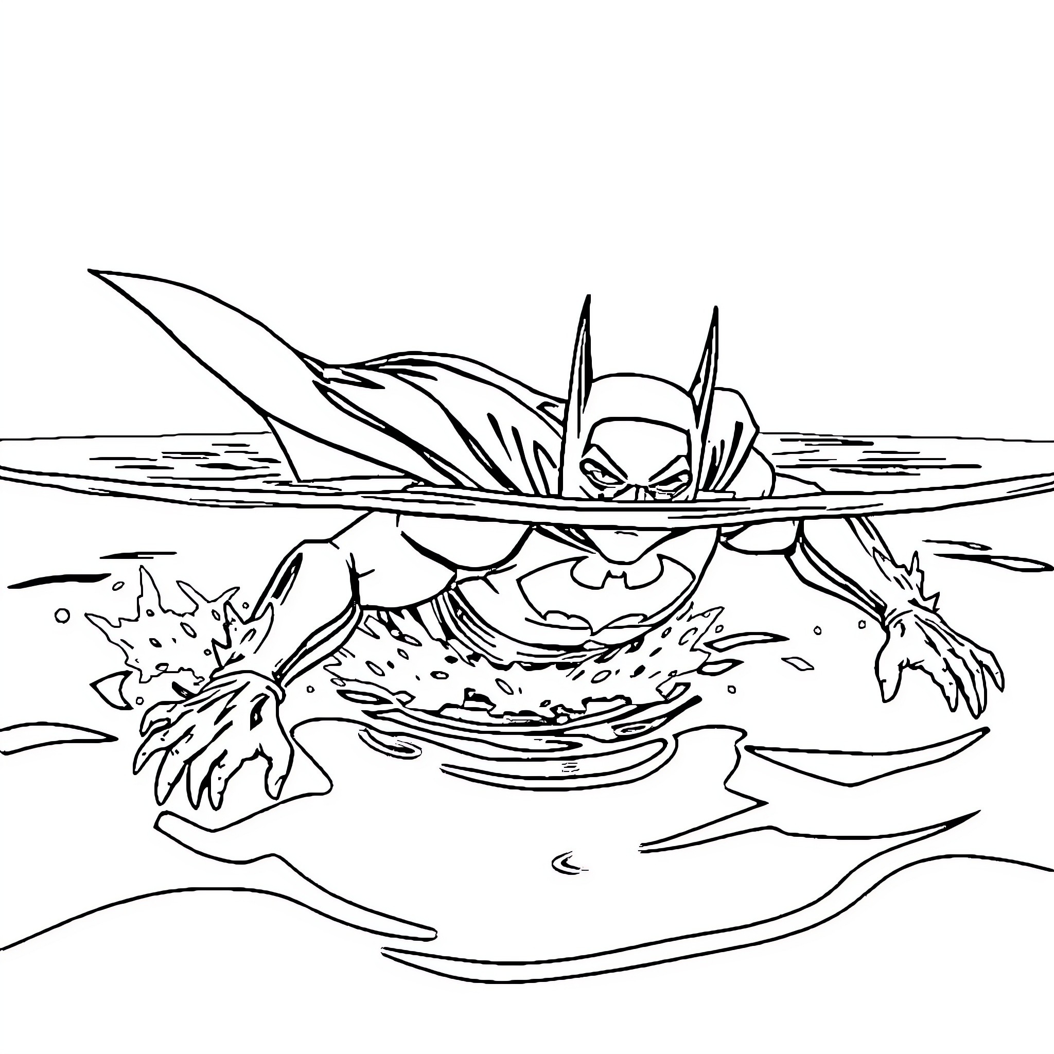 Batman battling dangerous sea creature in the ocean Coloring Page (free black-and-white line drawing printable PDF for all, from beginners to advanced learners, including children, teens, adults, and seniors)