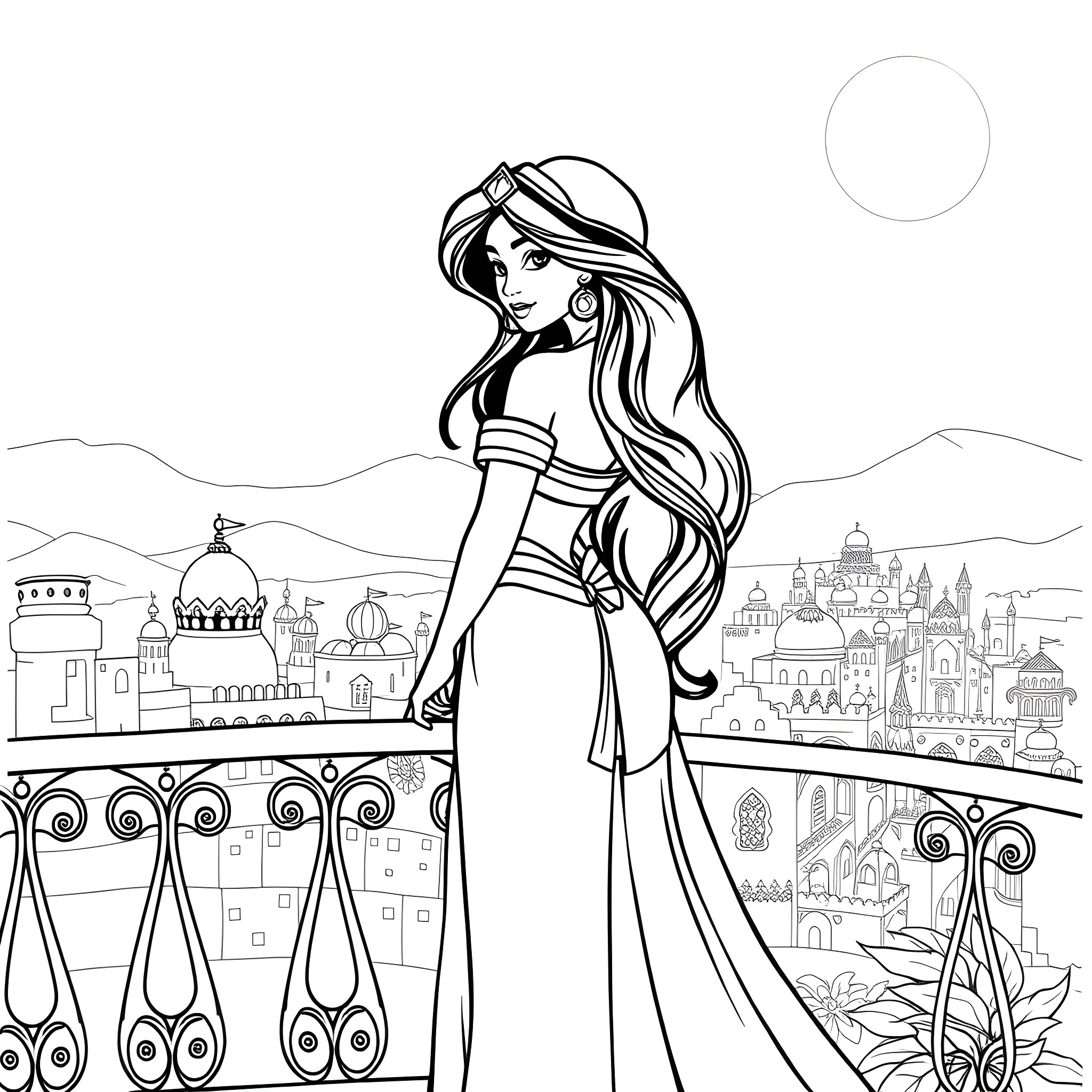 Jasmine gazing upon the enchanting city skyline Coloring Page (free black-and-white line drawing printable PDF for all, from beginners to advanced learners, including children, teens, adults, and seniors)