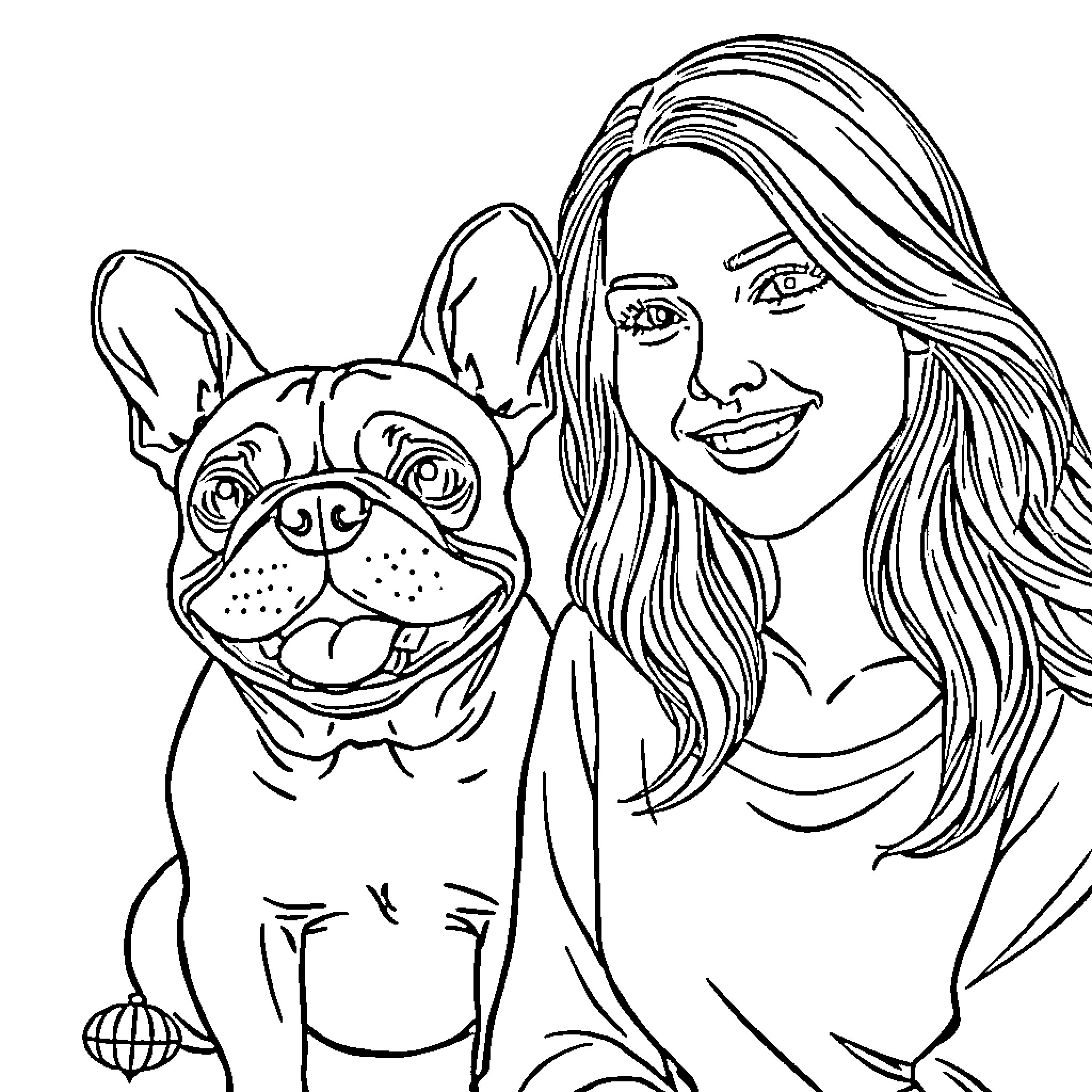 French Bulldog and woman smiling happily together Coloring Page (free black-and-white line drawing printable PDF for all, from beginners to advanced learners, including children, teens, adults, and seniors)