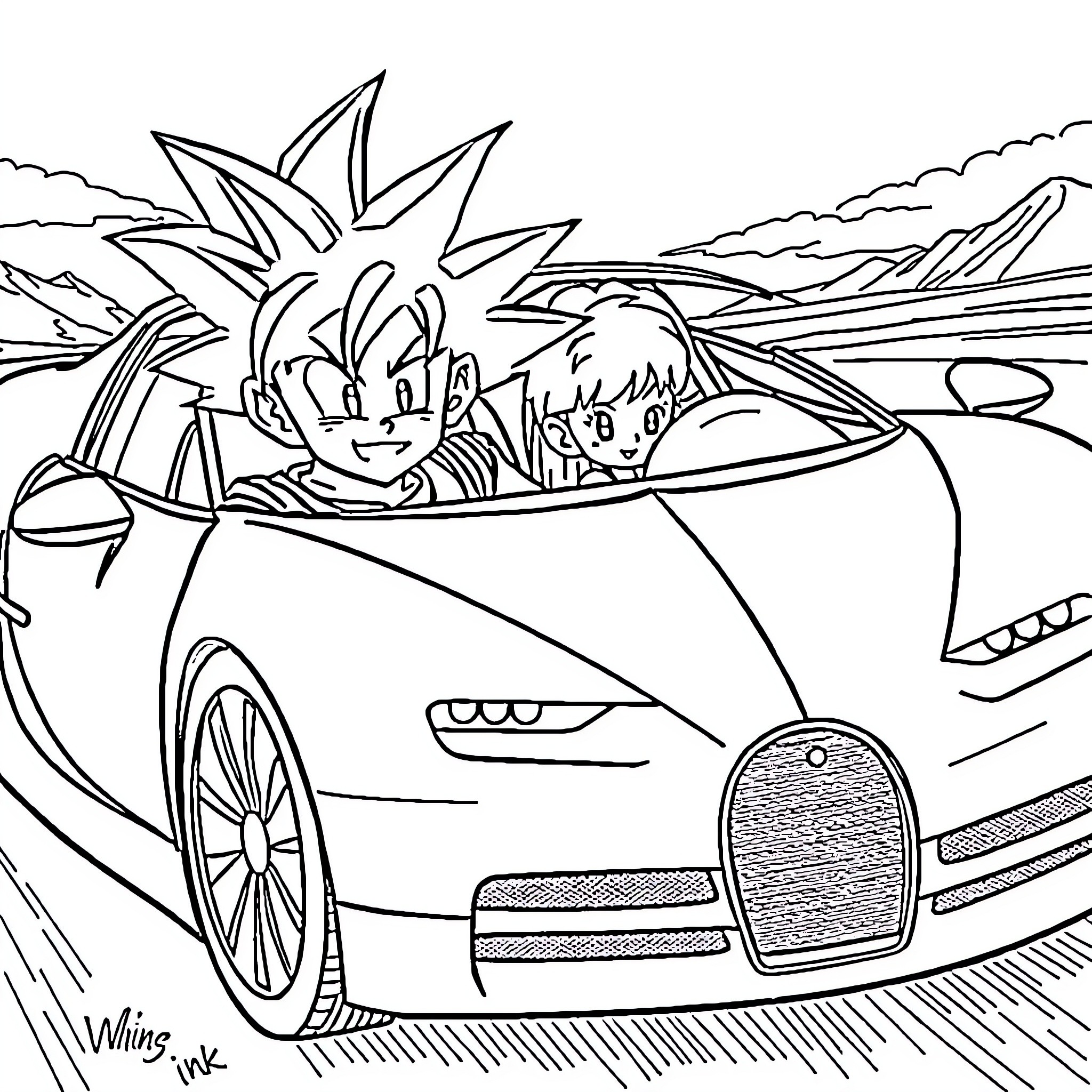 Car Racing with Excited Characters Coloring Page (free black-and-white line drawing printable PDF for all, from beginners to advanced learners, including children, teens, adults, and seniors)