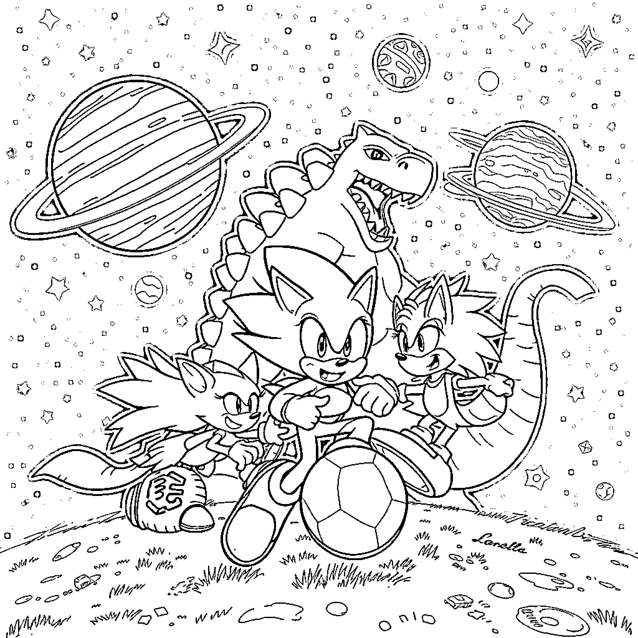 Sonic and Friends Explore the Cosmic Playground Coloring Page (free black-and-white line drawing printable PDF for all, from beginners to advanced learners, including children, teens, adults, and seniors)
