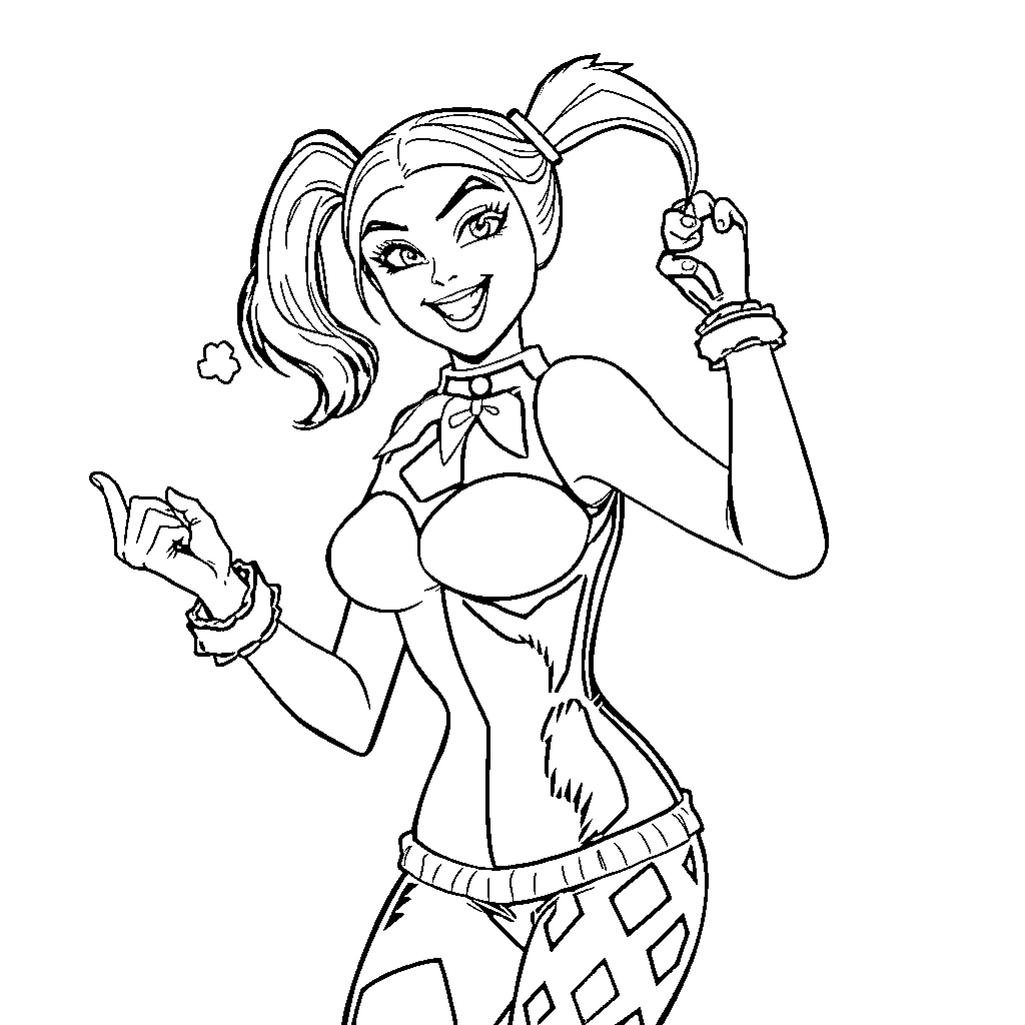 Harley Quinn in playful, energetic pose Coloring Page (free black-and-white line drawing printable PDF for all, from beginners to advanced learners, including children, teens, adults, and seniors)