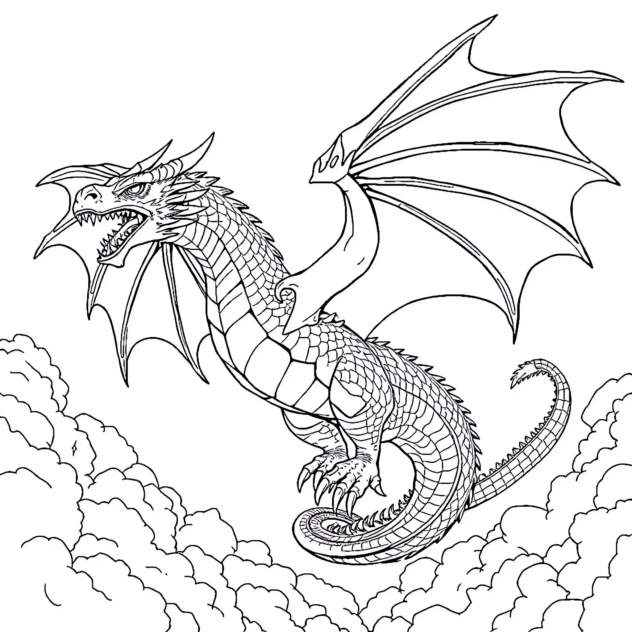 Dragon soaring through the cloudy skies Coloring Page (free black-and-white line drawing printable PDF for all, from beginners to advanced learners, including children, teens, adults, and seniors)