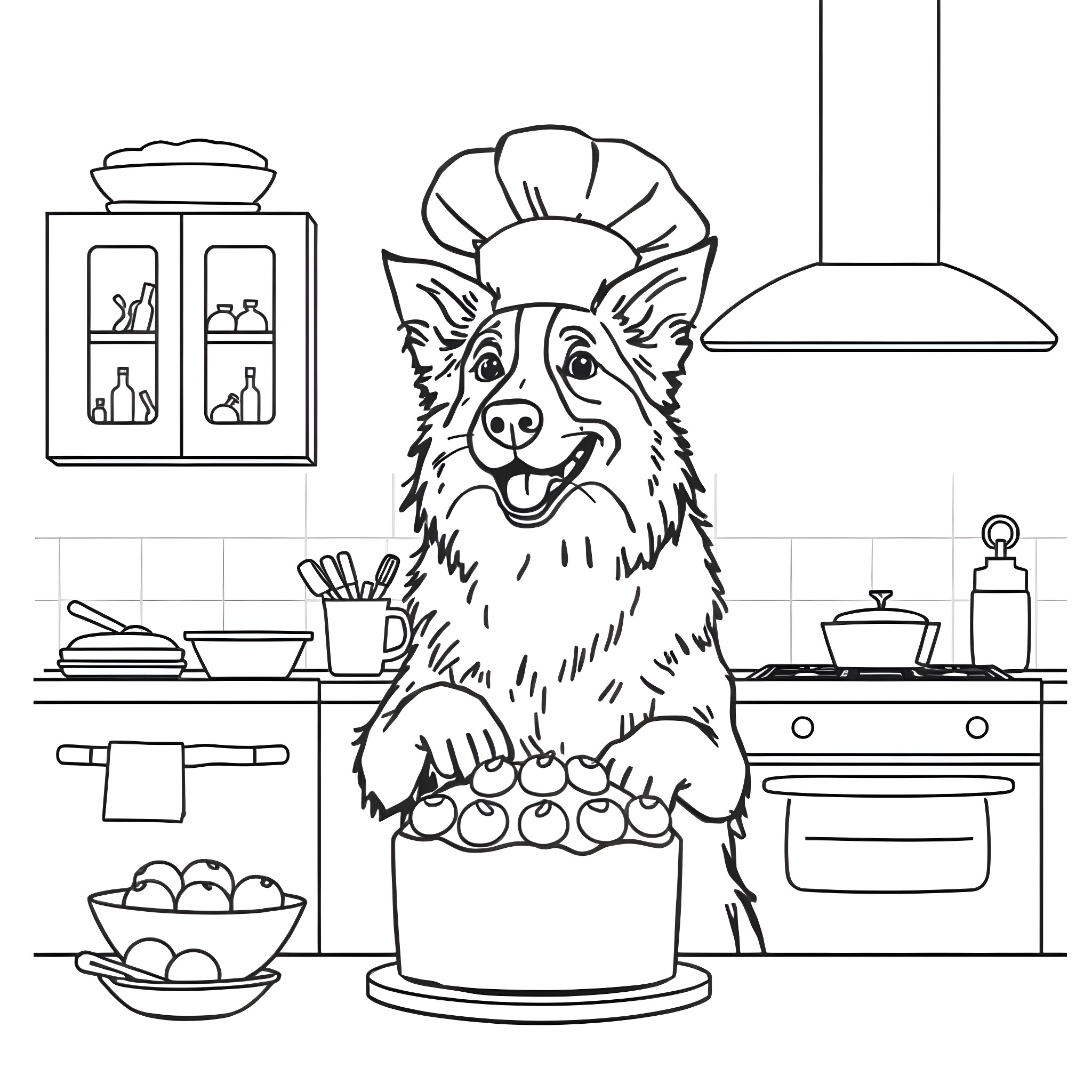 Border Collie chef preparing a cake in the kitchen Coloring Page (free black-and-white line drawing printable PDF for all, from beginners to advanced learners, including children, teens, adults, and seniors)