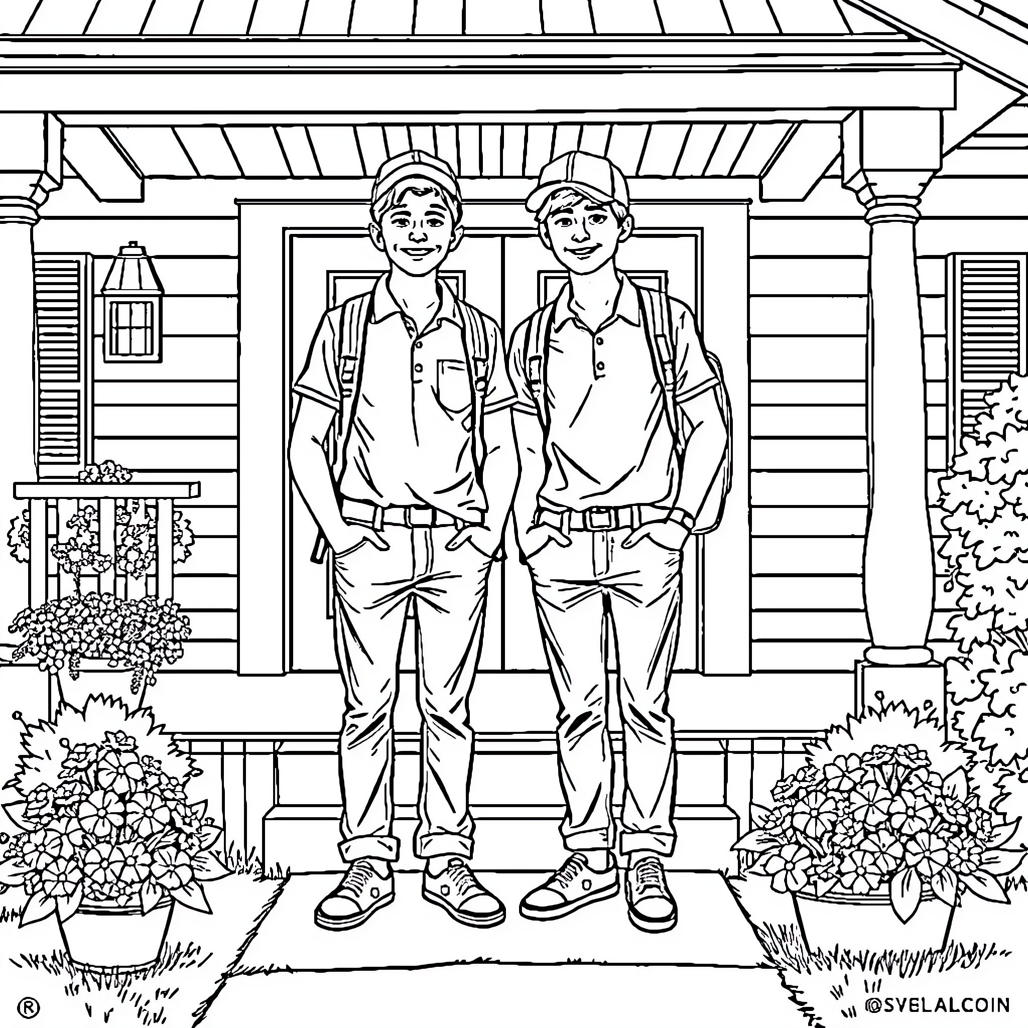 Teen workers on a rural construction site Coloring Page (free black-and-white line drawing printable PDF for all, from beginners to advanced learners, including children, teens, adults, and seniors)
