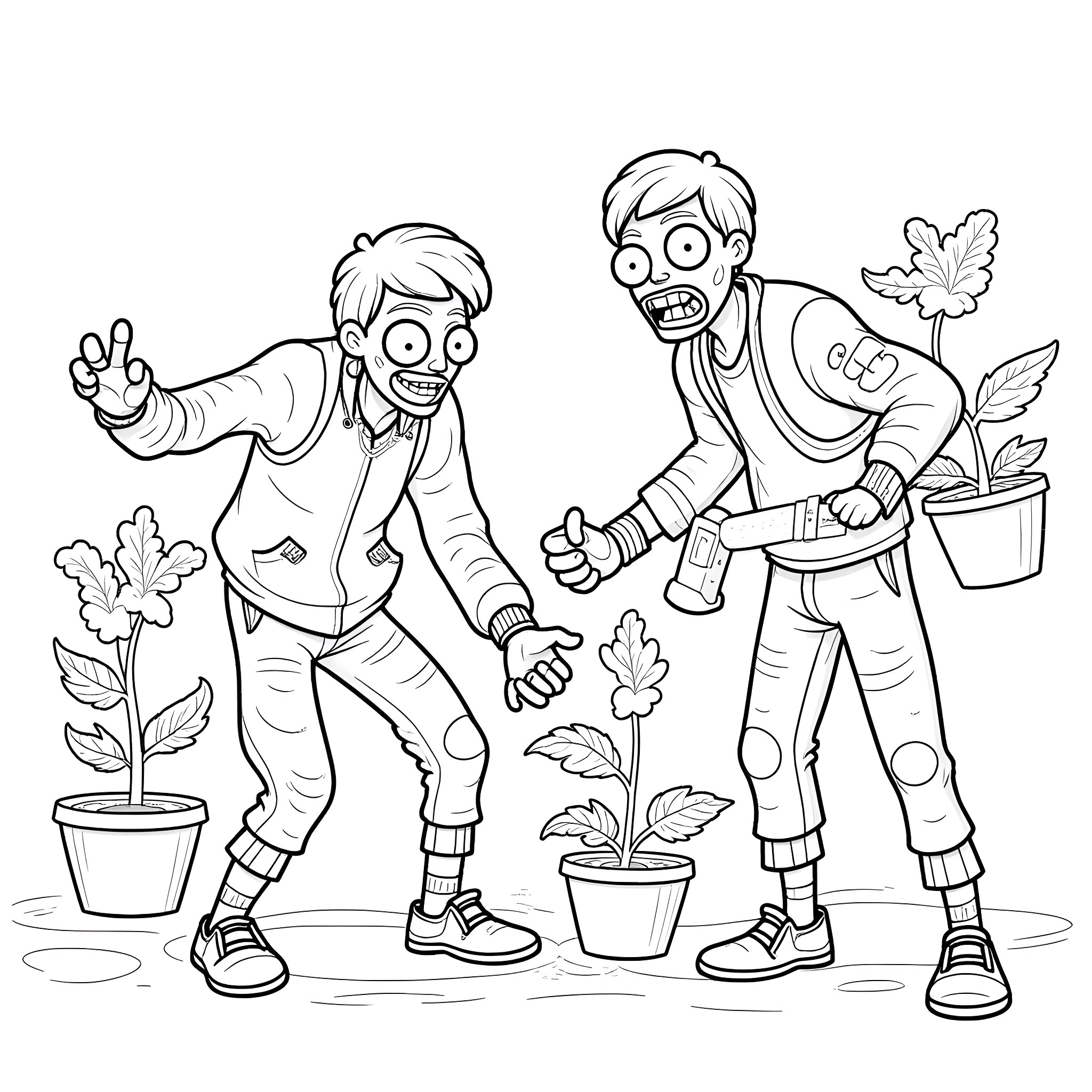 Plant vs Zombies: Gardening Mayhem Coloring Page (free black-and-white line drawing printable PDF for all, from beginners to advanced learners, including children, teens, adults, and seniors)