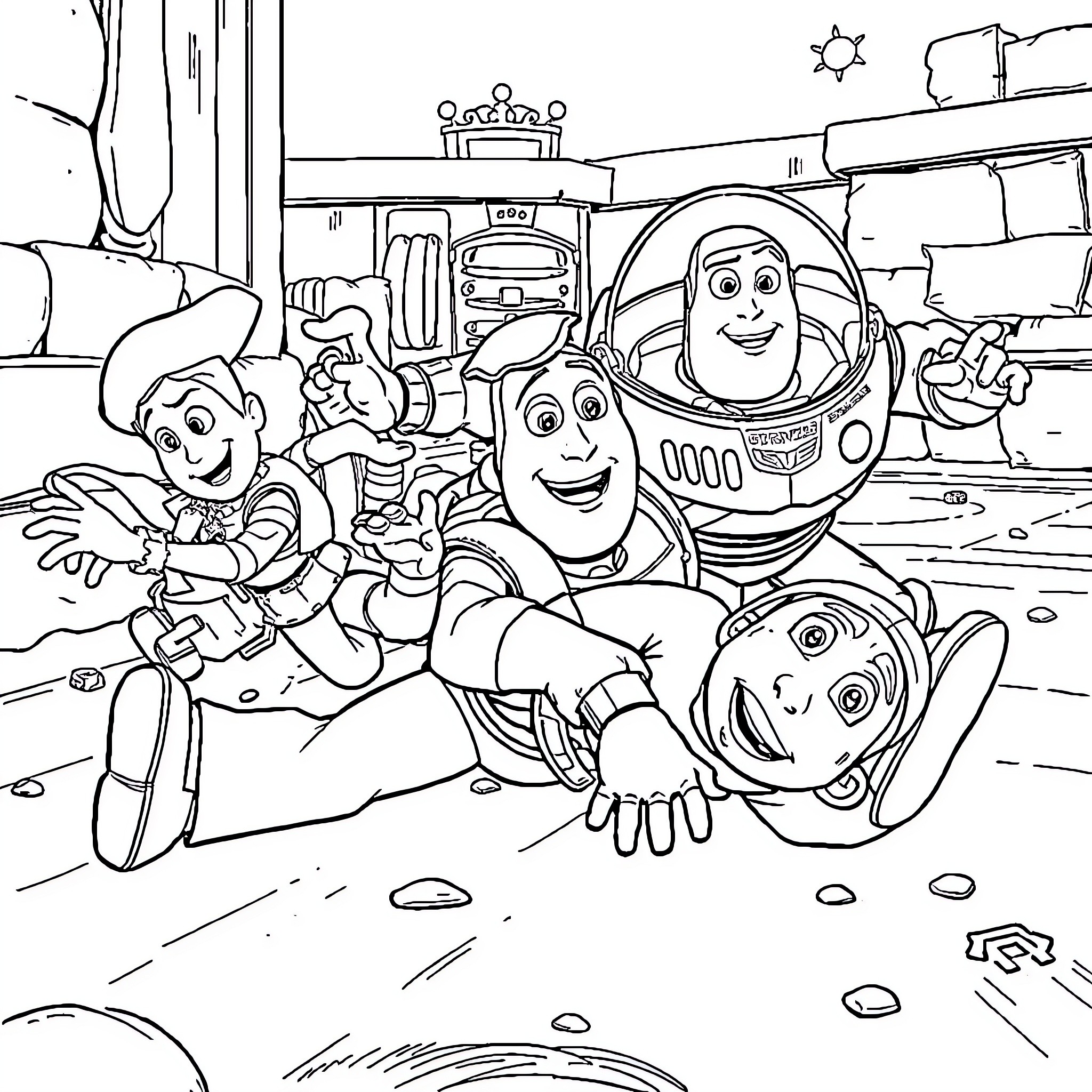 Toy Story Characters in Adventurous Playtime Coloring Page (free black-and-white line drawing printable PDF for all, from beginners to advanced learners, including children, teens, adults, and seniors)