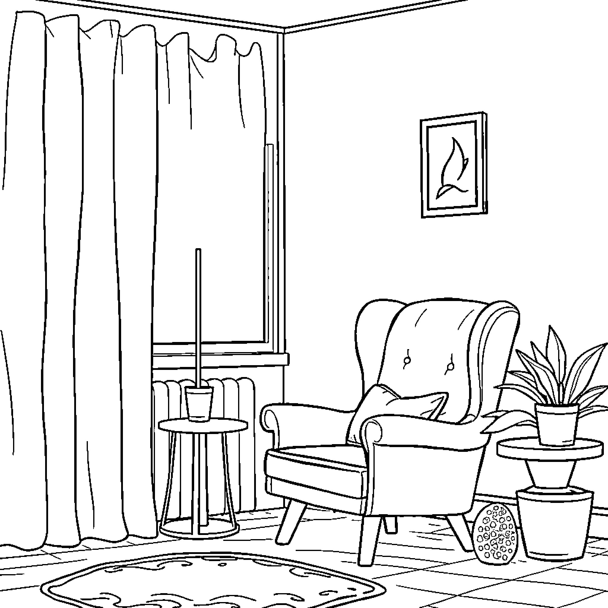 Room with armchair and potted plants Coloring Page (free black-and-white line drawing printable PDF for all, from beginners to advanced learners, including children, teens, adults, and seniors)