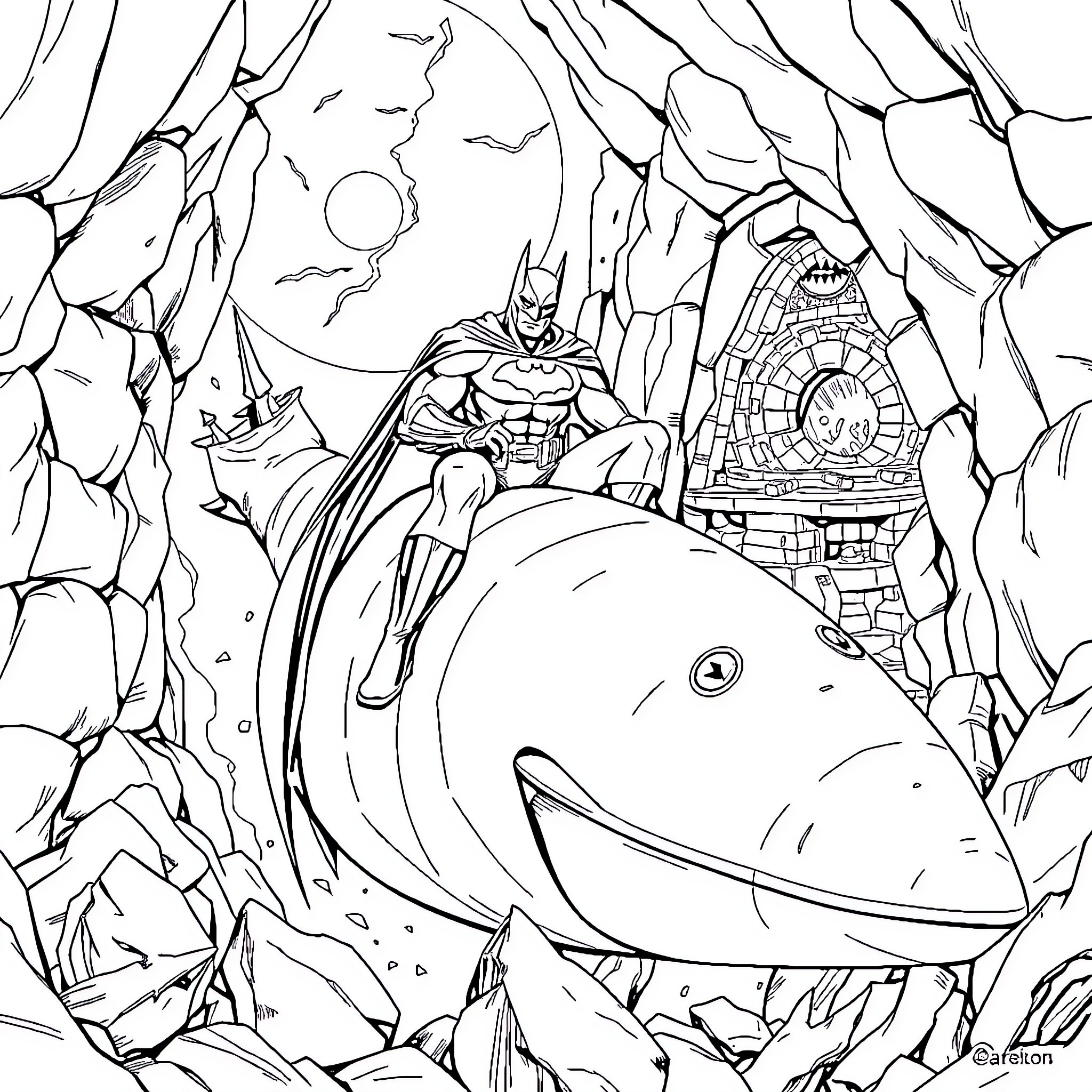 Batman in a Mysterious Cave Encounter Coloring Page (free black-and-white line drawing printable PDF for all, from beginners to advanced learners, including children, teens, adults, and seniors)