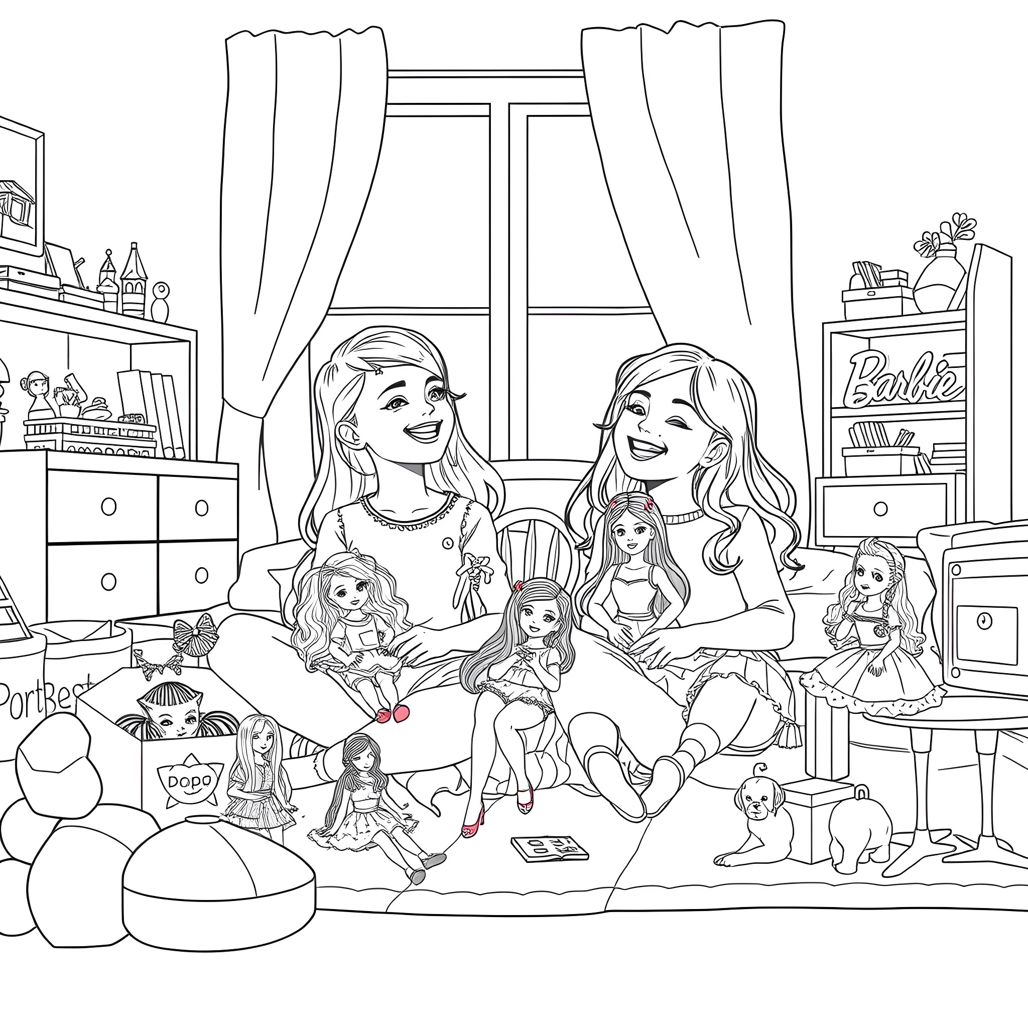 Girl Playing with Dolls in Bedroom Coloring Page (free black-and-white line drawing printable PDF for all, from beginners to advanced learners, including children, teens, adults, and seniors)