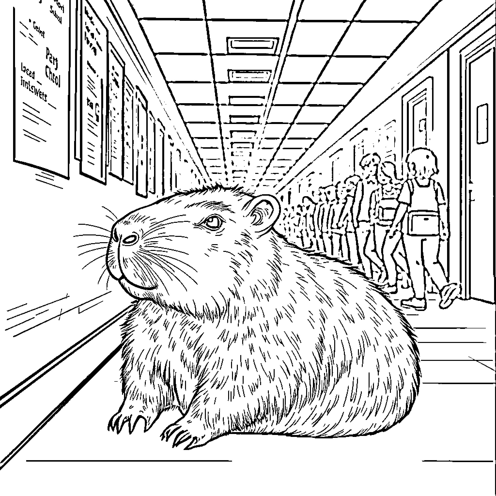 Capybara observing students in school hallway Coloring Page (free black-and-white line drawing printable PDF for all, from beginners to advanced learners, including children, teens, adults, and seniors)