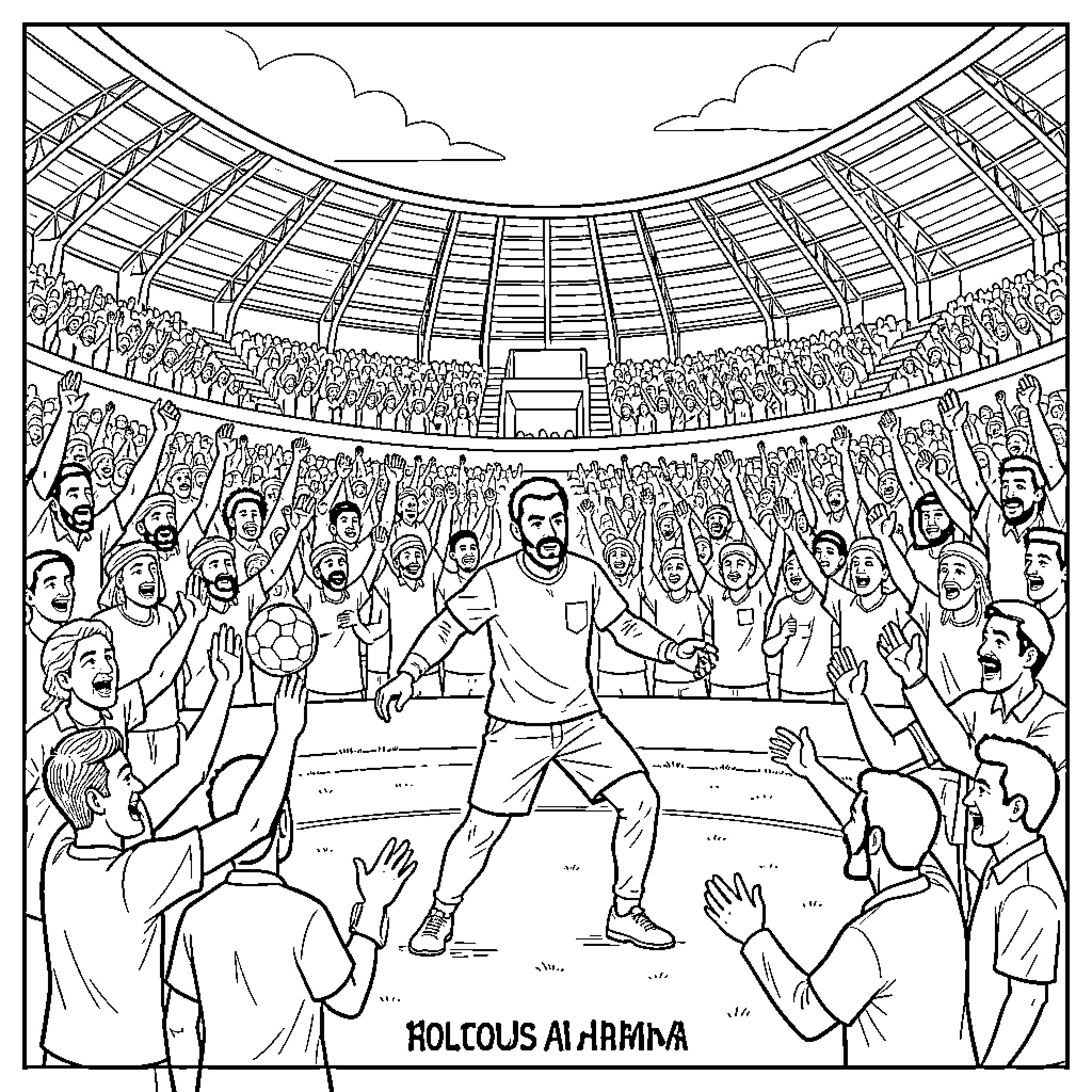 Matoub Lounes celebrating a victory in a crowded stadium Coloring Page (free black-and-white line drawing printable PDF for all, from beginners to advanced learners, including children, teens, adults, and seniors)
