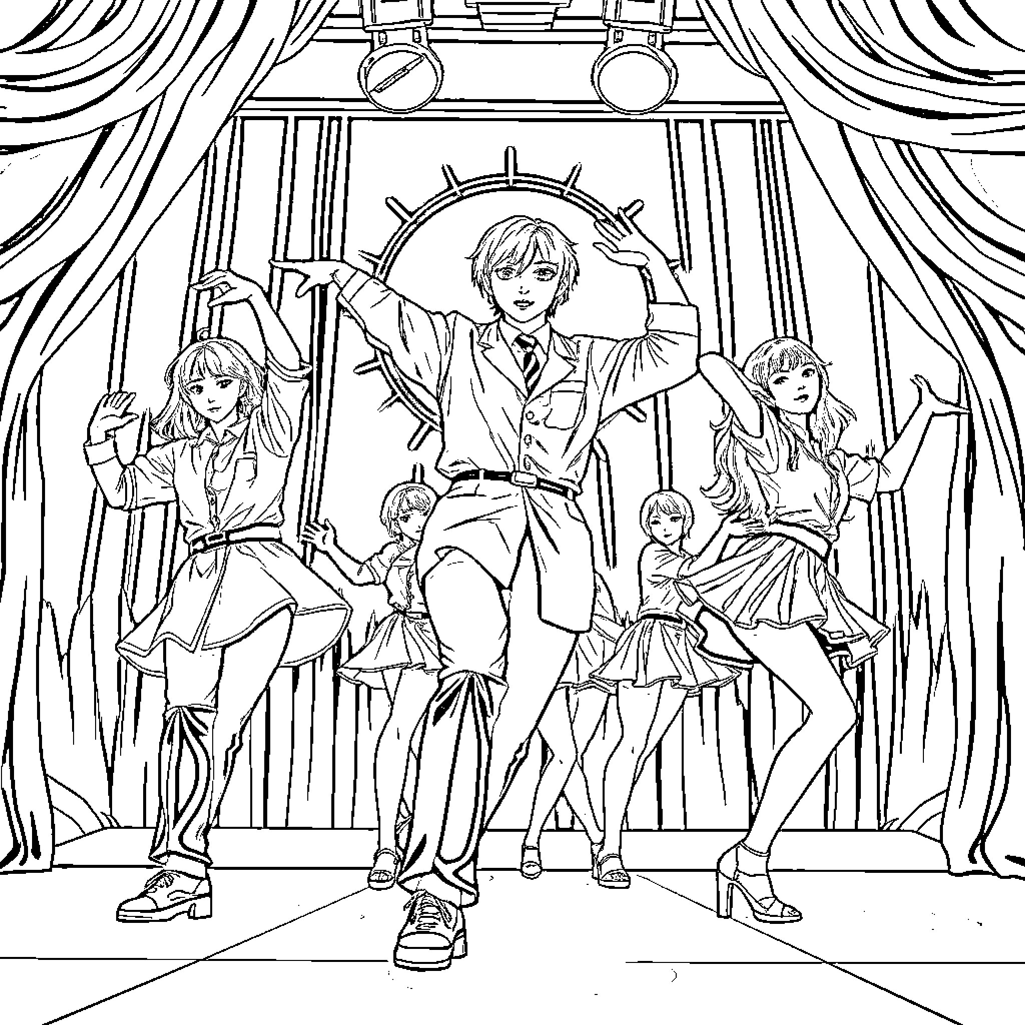 K Pop Performers on Stage with Energetic Outfits Coloring Page (free black-and-white line drawing printable PDF for all, from beginners to advanced learners, including children, teens, adults, and seniors)