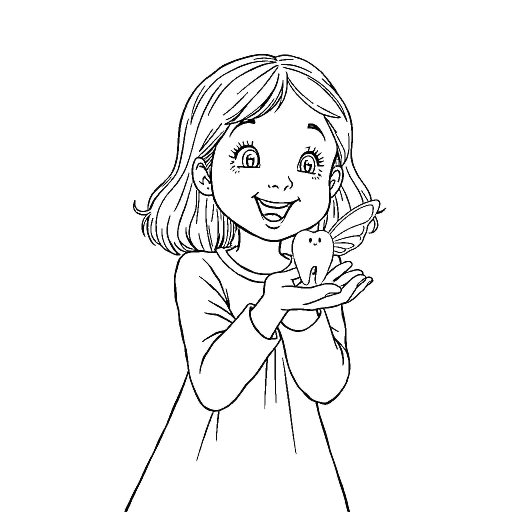 Girl happily holding a tooth Coloring Page (free black-and-white line drawing printable PDF for all, from beginners to advanced learners, including children, teens, adults, and seniors)